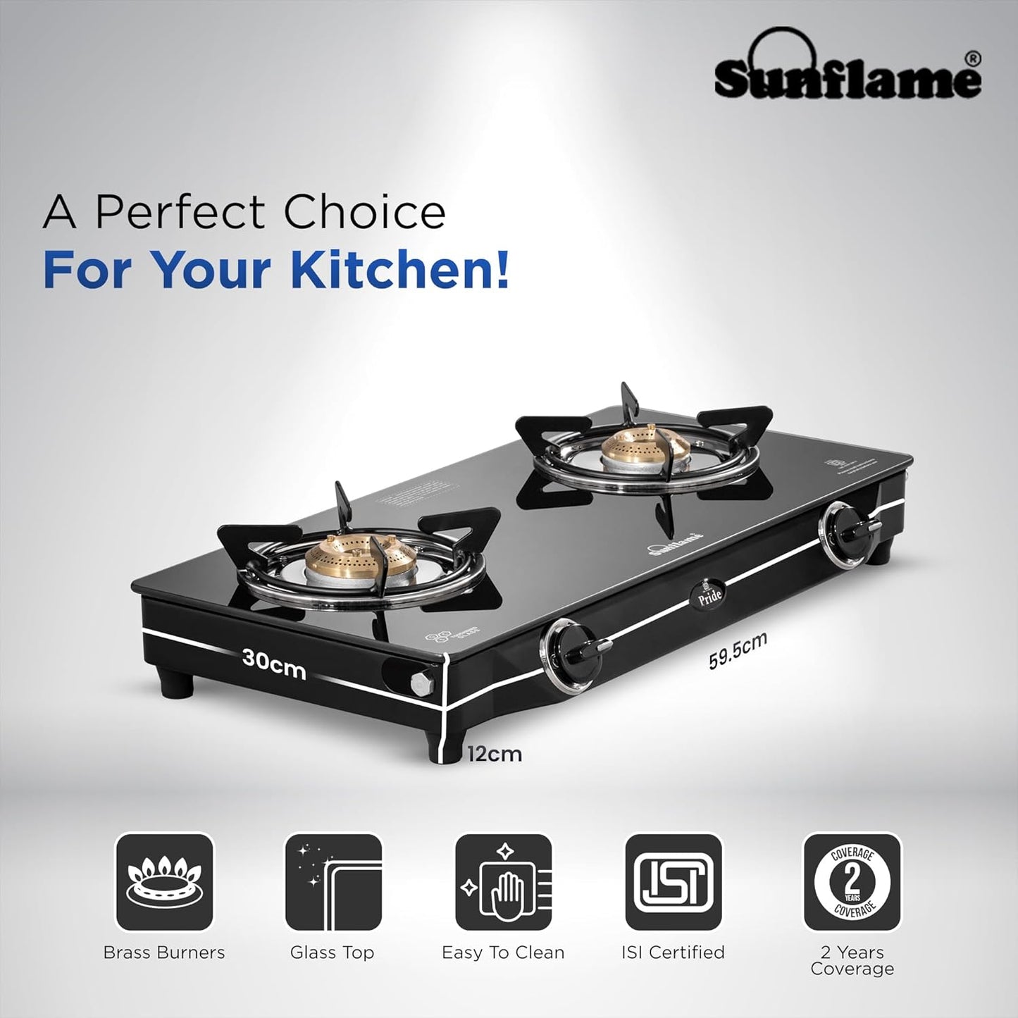 Pride 2 Burner Gas Stove | 1 Medium and 1 Small Brass Burners |Toughened Glass Top | Black
