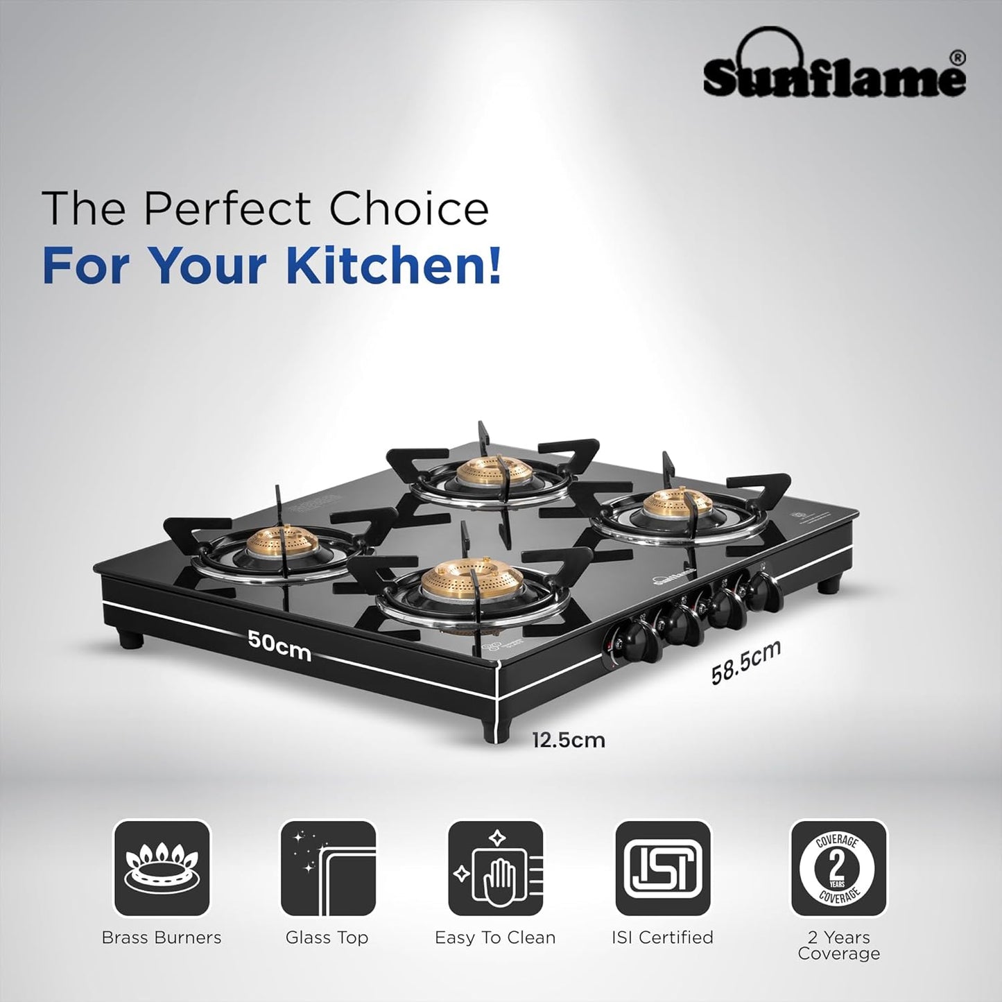 Crystal 4 Burner Gas Stove | 2 Medium and 2 Small Brass Burners |Toughened Glass Top | Black