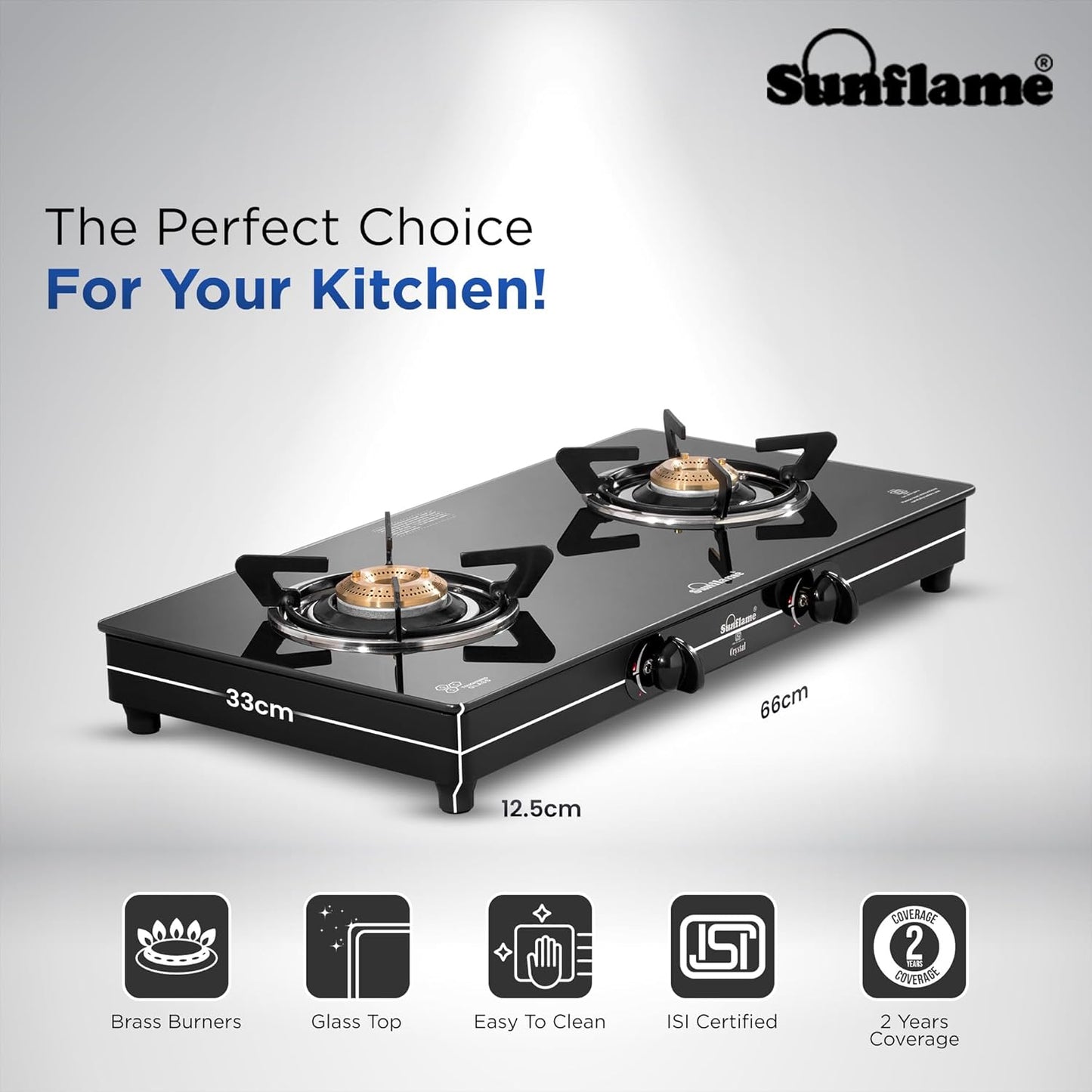 Crystal 2 Burner Gas Stove | 1 Medium and 1 Small Brass Burners |Toughened Glass Top | Black