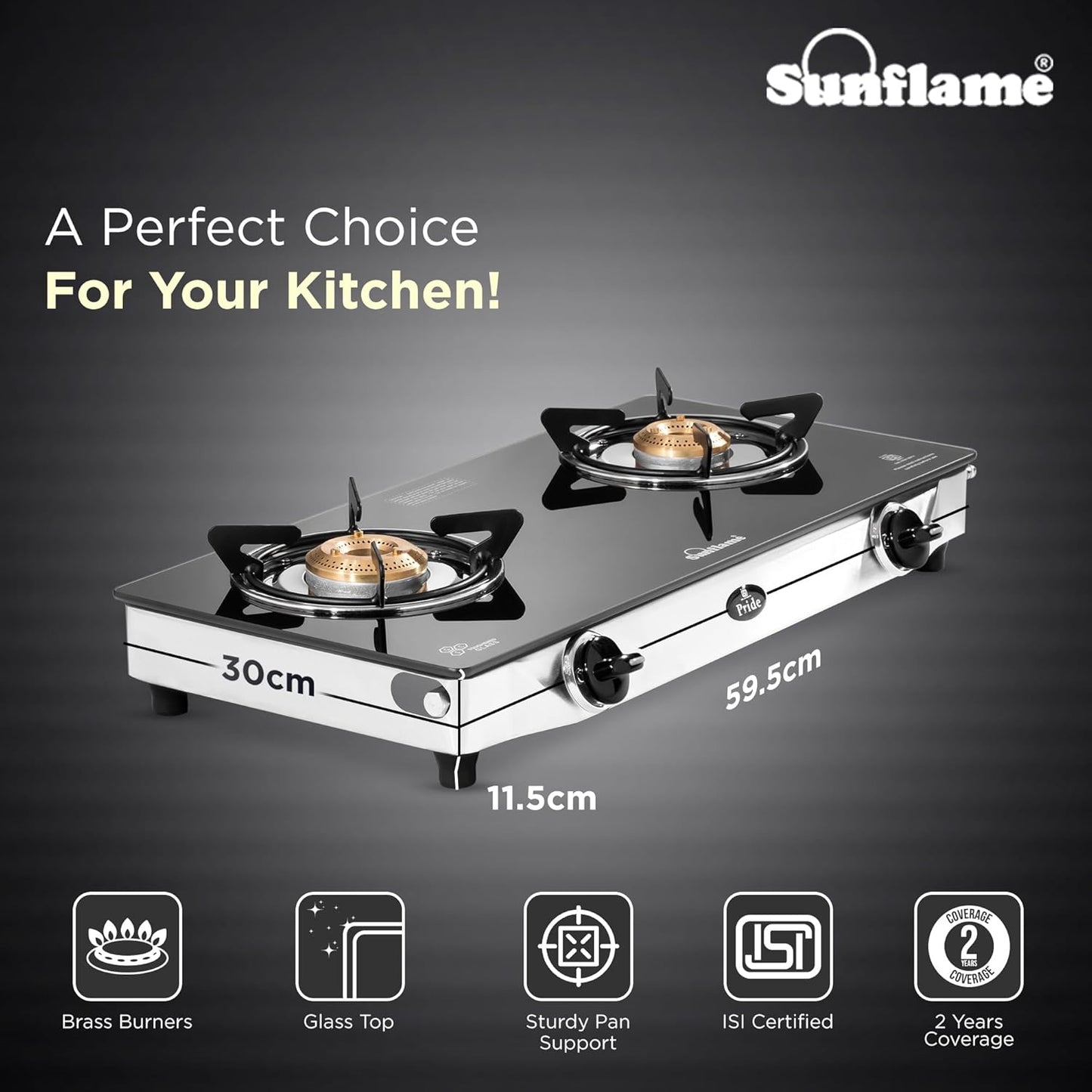 Pride 2 Burner Gas Stove | 1 Medium and 1 Small Brass Burners |Toughened Glass Top | Steel