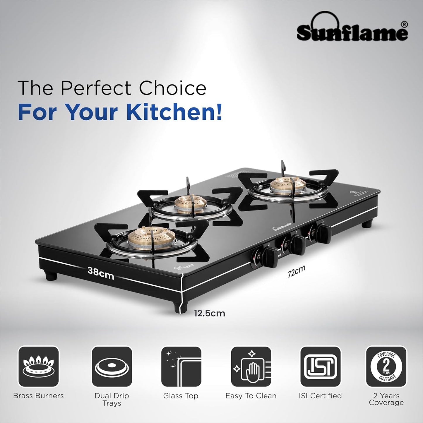 Crystal Nova 3 Burner Gas Stove | 1 Medium and 2 Small Brass Burners |Toughened Glass Top |Black
