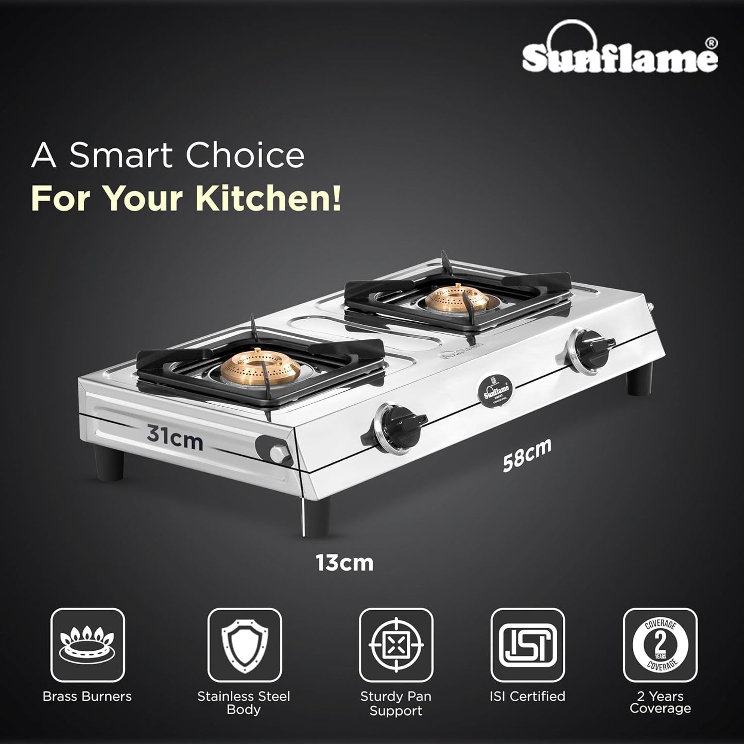 2 Burner Smart Gas Stove | 1 Medium and 1 Small Brass Burners |Stainless Steel