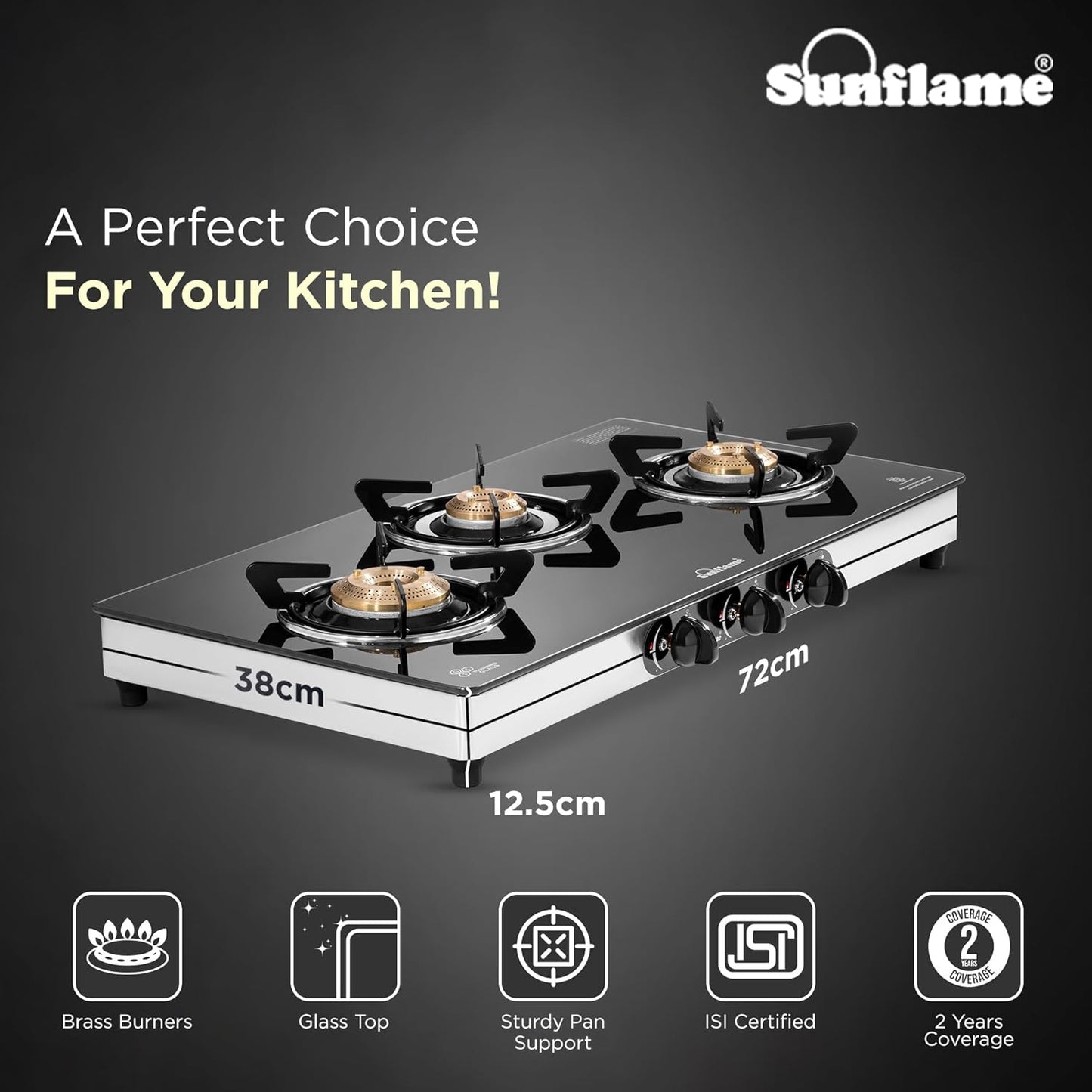 Crystal 3 Burner Gas Stove | 1 Medium and 2 Small Brass Burners |Toughened Glass Top |Steel