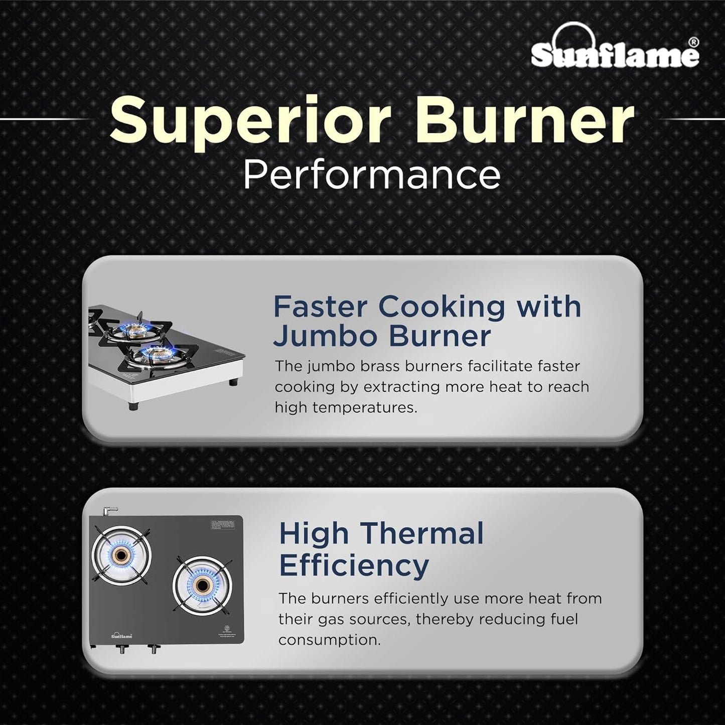 Crystal Nova 3 Burner Gas Stove | 1 Medium and 2 Small Brass Burners |Toughened Glass Top |Steel