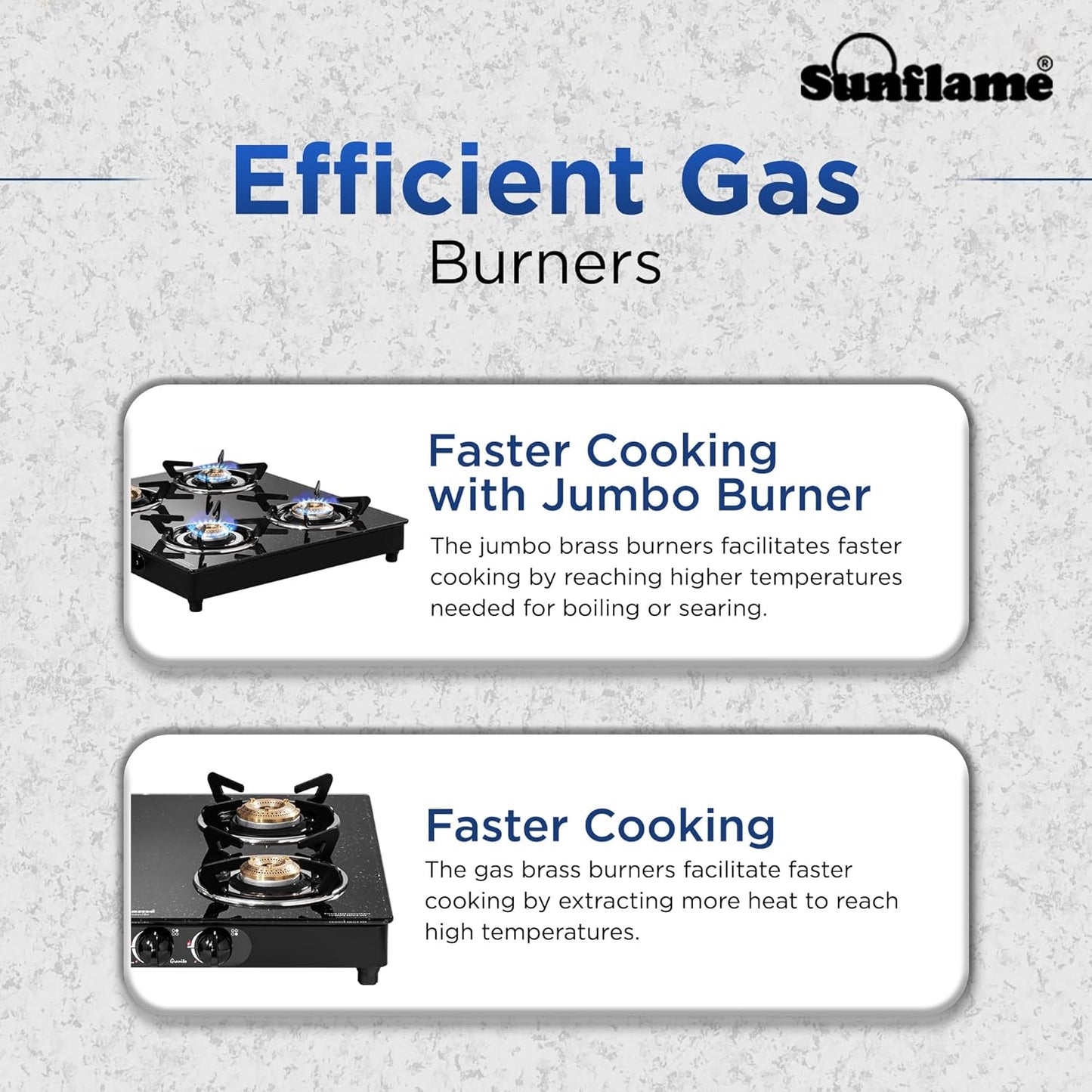 Sunflame Granito 4 Burner Gas Stove | 1 Jumbo, 1 Medium and 2 Small Brass Burners | 2 Years Product Coverage by Sunflame | Granite Finish Glass Top | Easy to Maintain | PAN India Presence| Black