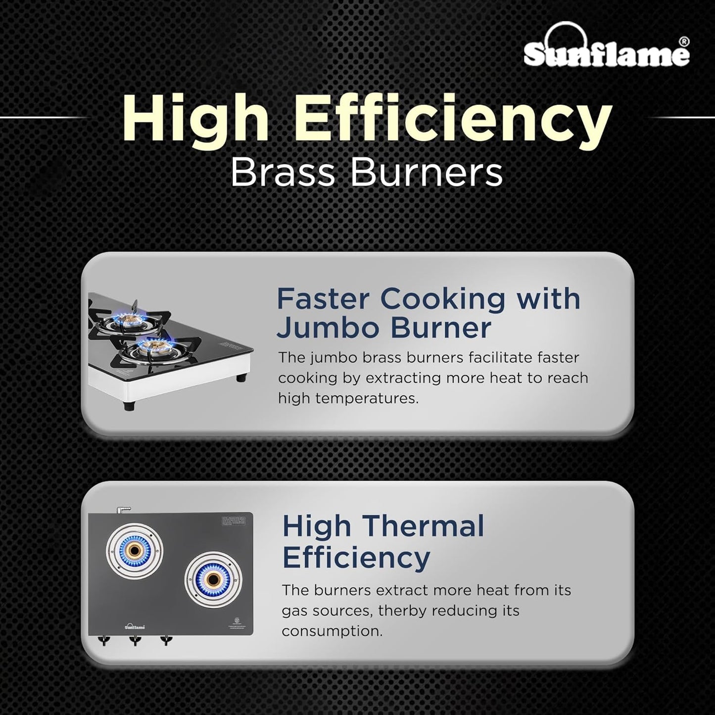 Crystal 3 Burner Gas Stove | 1 Medium and 2 Small Brass Burners |Toughened Glass Top |Steel