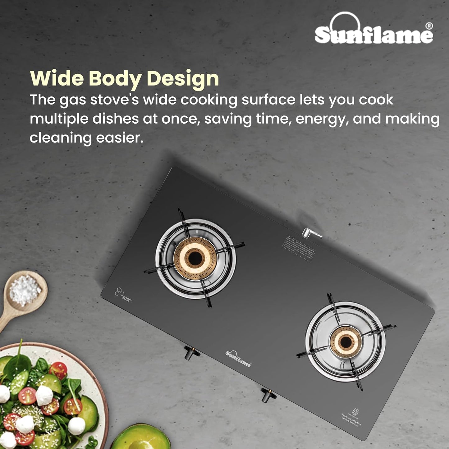 Crystal Nova 2 Burner Gas Stove | 1 Medium and 1 Small Brass Burners |Toughened Glass Top |Steel