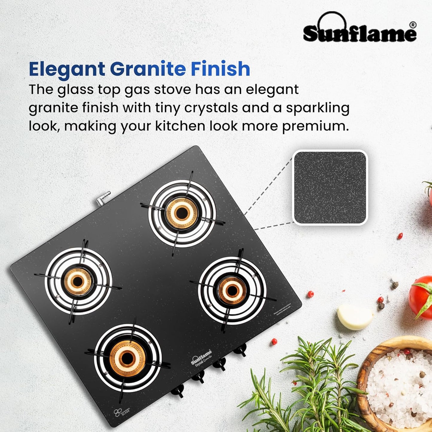 Sunflame Granito 4 Burner Gas Stove | 1 Jumbo, 1 Medium and 2 Small Brass Burners | 2 Years Product Coverage by Sunflame | Granite Finish Glass Top | Easy to Maintain | PAN India Presence| Black