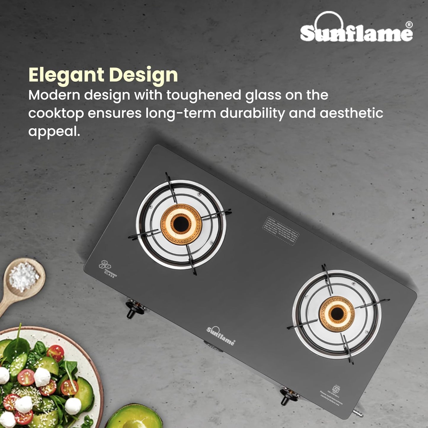Pride 2 Burner Gas Stove | 1 Medium and 1 Small Brass Burners |Toughened Glass Top | Steel