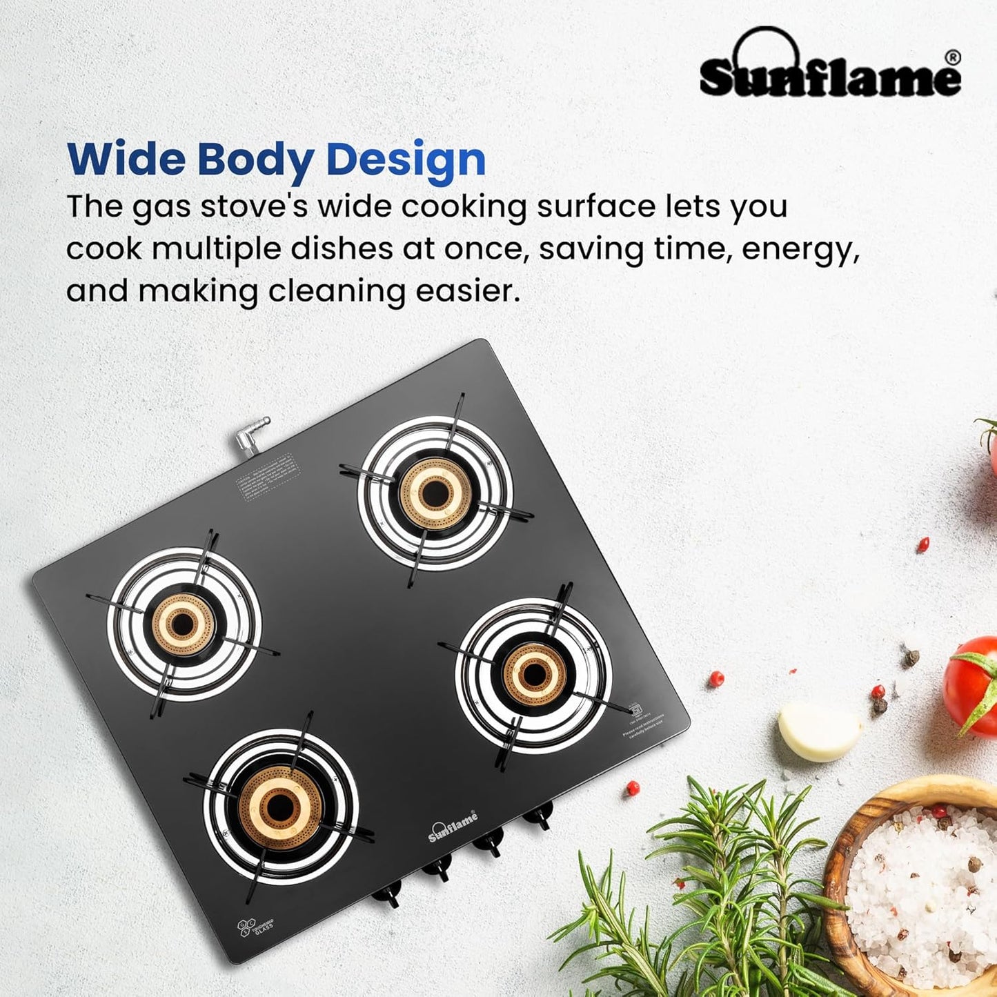 Crystal 4 Burner Gas Stove | 2 Medium and 2 Small Brass Burners |Toughened Glass Top | Black
