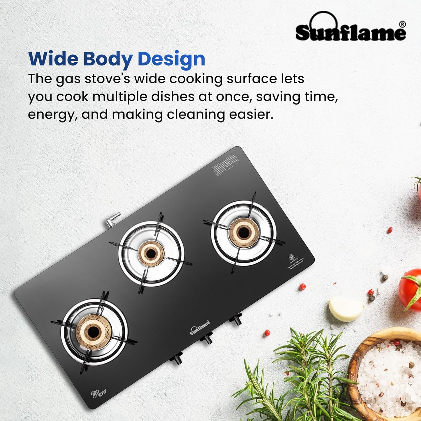 Crystal Nova 3 Burner Gas Stove | 1 Medium and 2 Small Brass Burners |Toughened Glass Top |Black