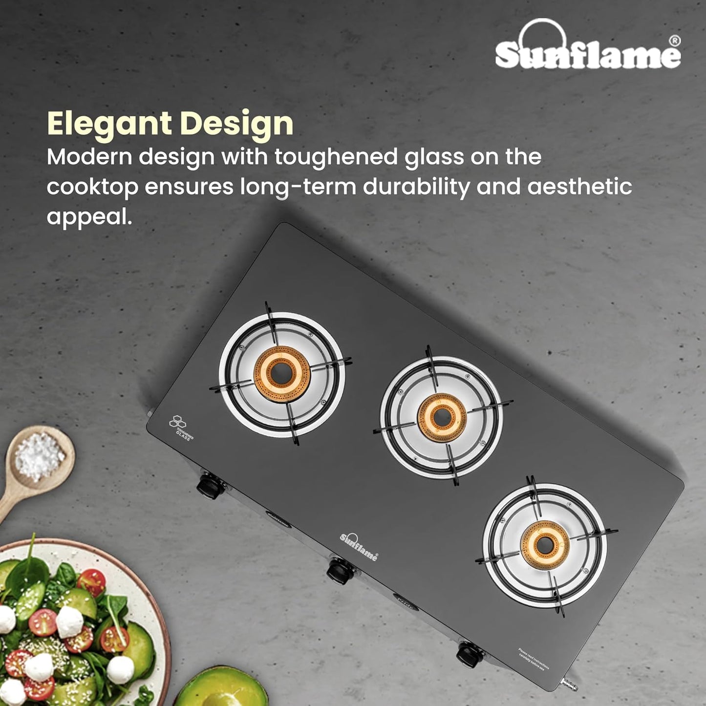 Pride 3 Burner Gas Stove | 1 Medium and 2 Small Brass Burners |Toughened Glass Top |Steel