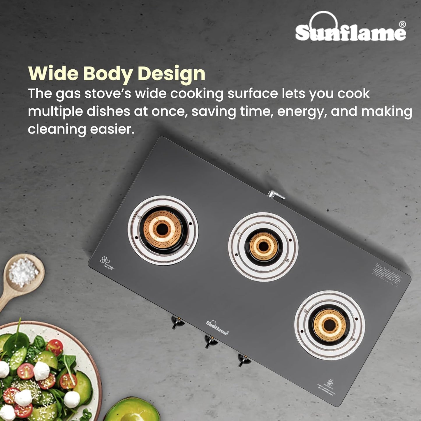Crystal 3 Burner Gas Stove | 1 Medium and 2 Small Brass Burners |Toughened Glass Top |Steel
