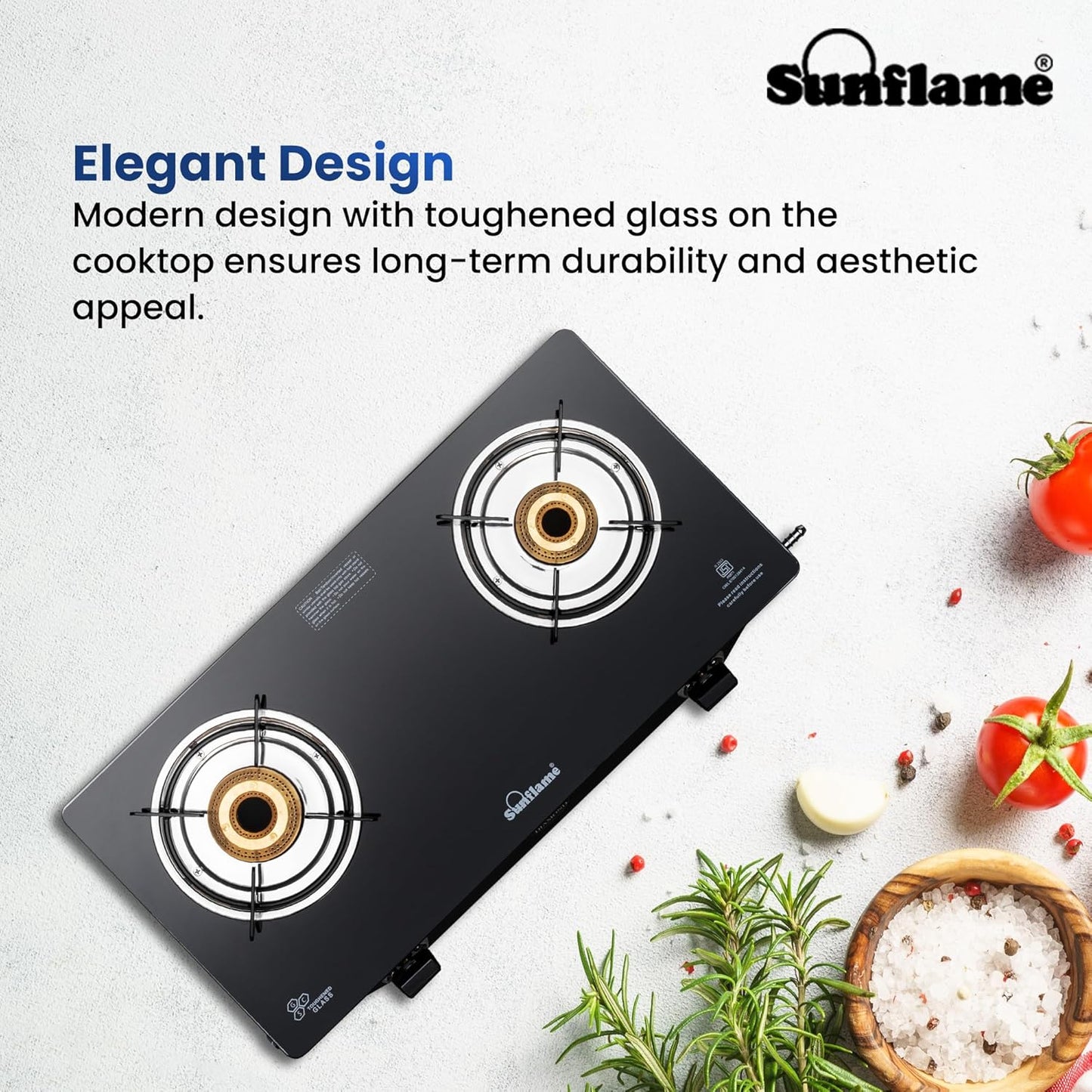 Pride 2 Burner Gas Stove | 1 Medium and 1 Small Brass Burners |Toughened Glass Top | Black