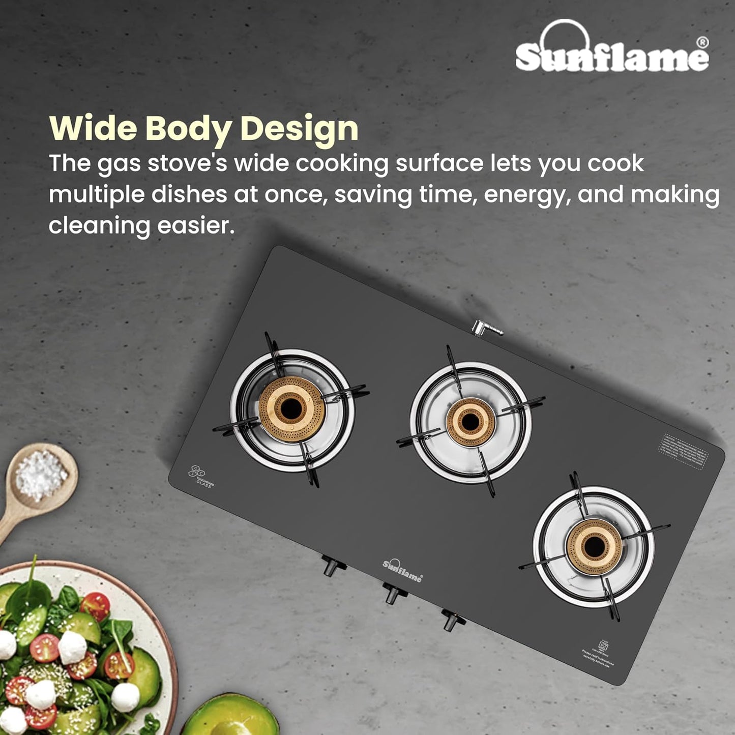 Crystal Nova 3 Burner Gas Stove | 1 Medium and 2 Small Brass Burners |Toughened Glass Top |Steel