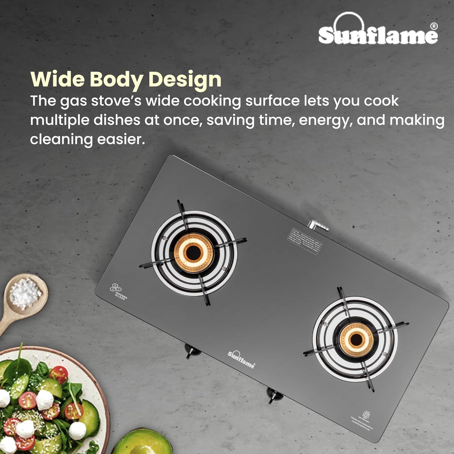 Crystal 2 Burner Gas Stove | 1 Medium and 1 Small Brass Burners |Toughened Glass Top | Steel