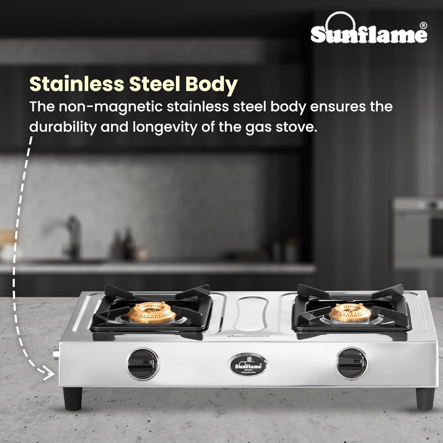 2 Burner Smart Gas Stove | 1 Medium and 1 Small Brass Burners |Stainless Steel