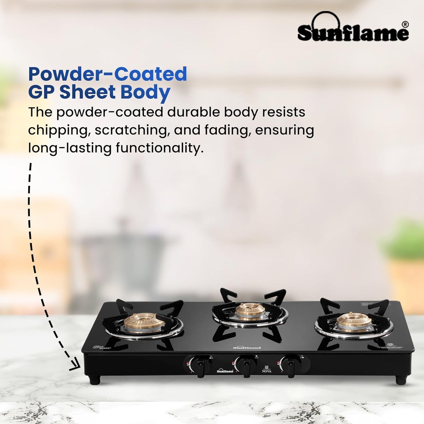 Crystal Nova 3 Burner Gas Stove | 1 Medium and 2 Small Brass Burners |Toughened Glass Top |Black