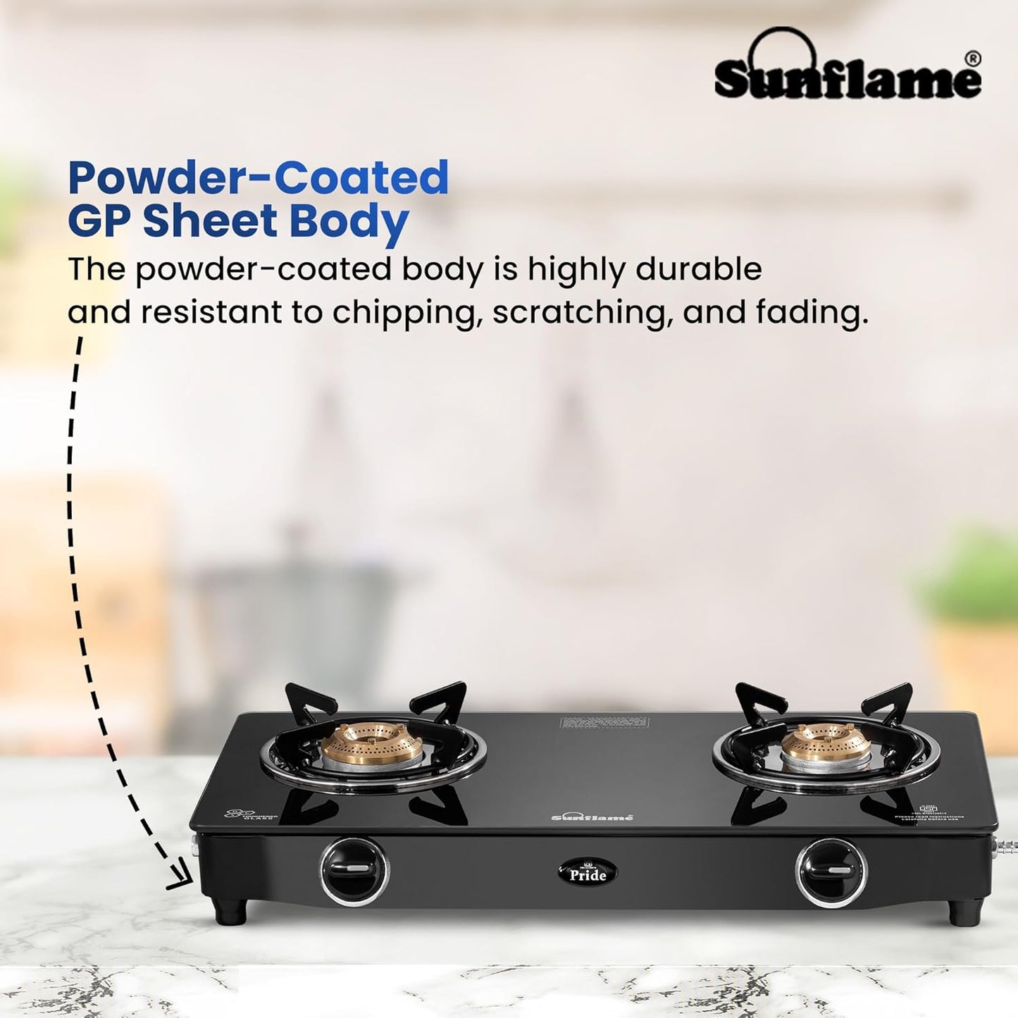 Pride 2 Burner Gas Stove | 1 Medium and 1 Small Brass Burners |Toughened Glass Top | Black