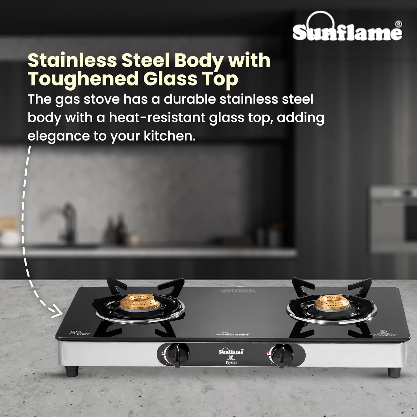 Crystal 2 Burner Gas Stove | 1 Medium and 1 Small Brass Burners |Toughened Glass Top | Steel