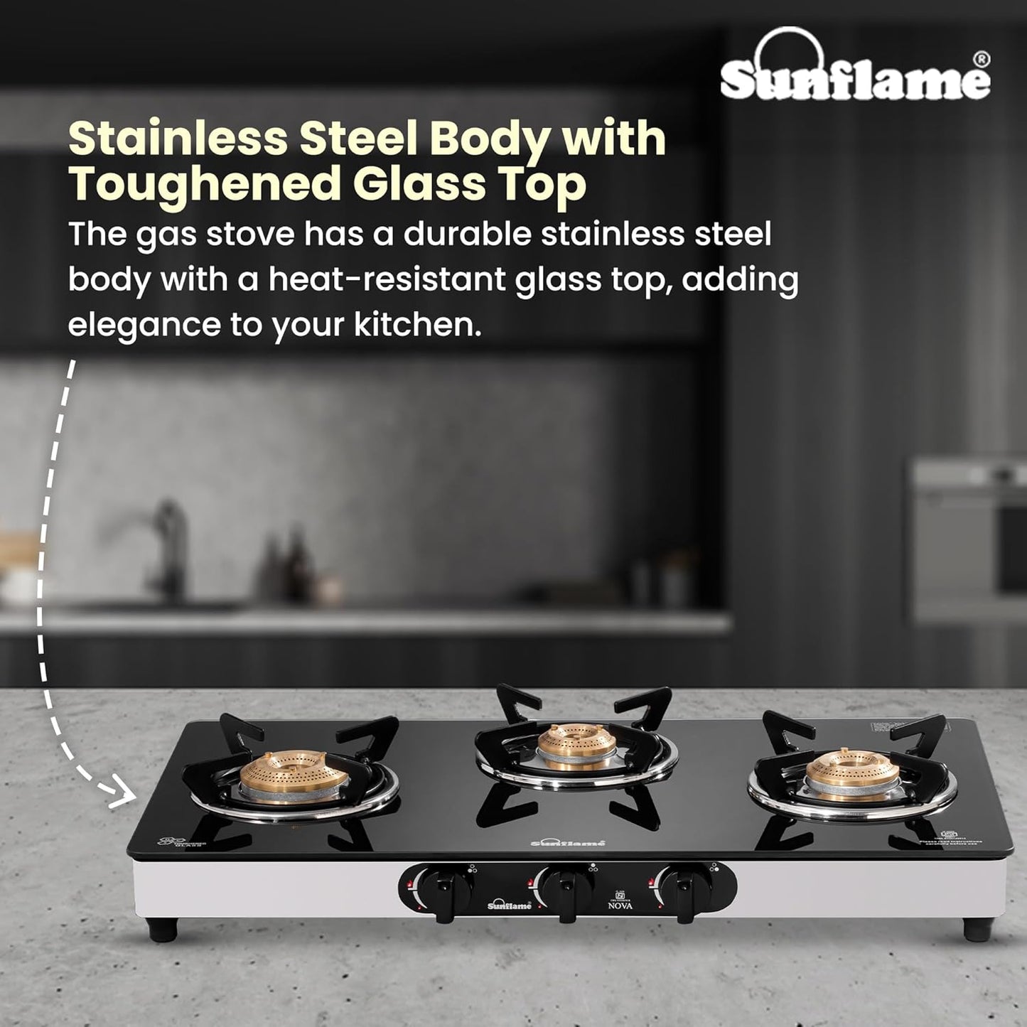Crystal Nova 3 Burner Gas Stove | 1 Medium and 2 Small Brass Burners |Toughened Glass Top |Steel