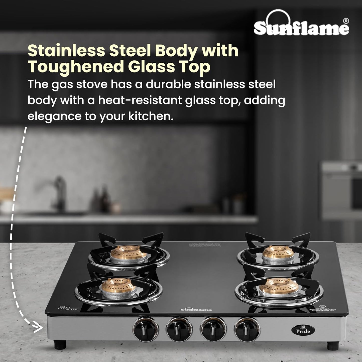 Pride 4 Burner Gas Stove | 2 Medium and 2 Small Brass Burners |Toughened Glass Top | Steel