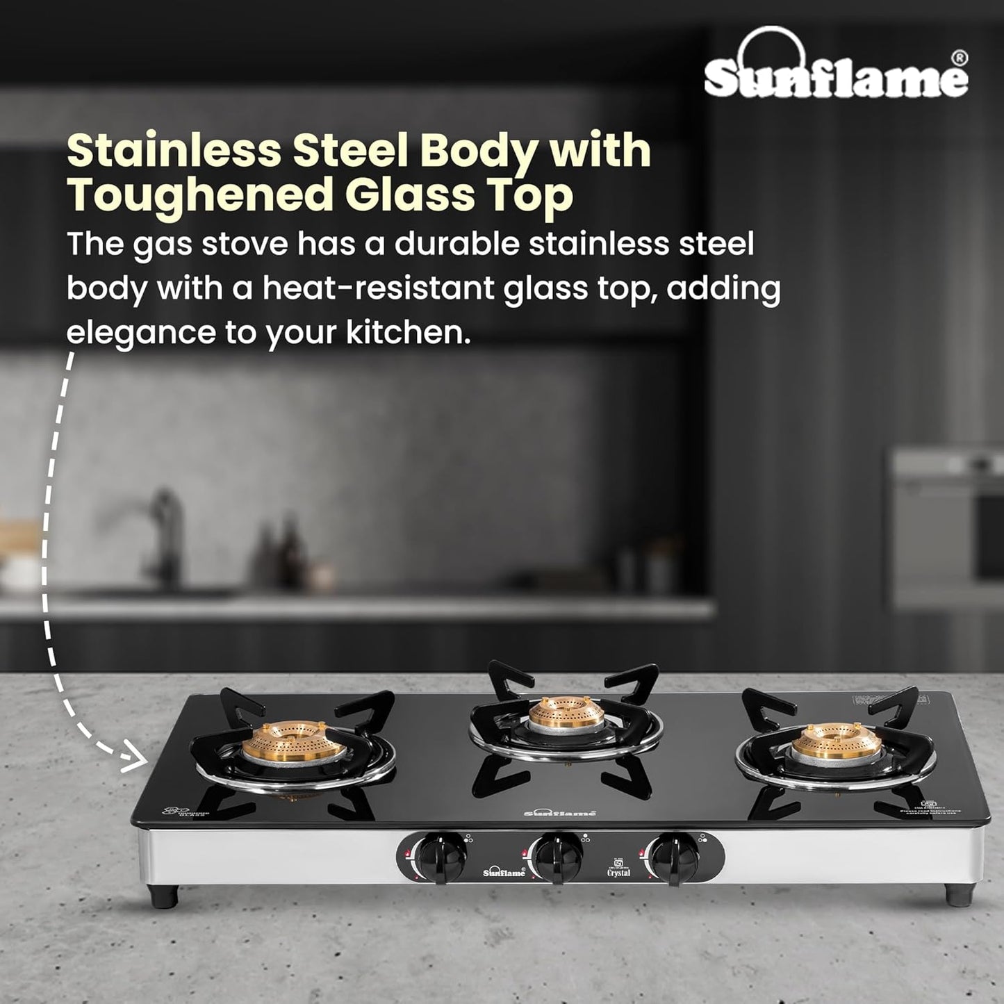 Crystal 3 Burner Gas Stove | 1 Medium and 2 Small Brass Burners |Toughened Glass Top |Steel