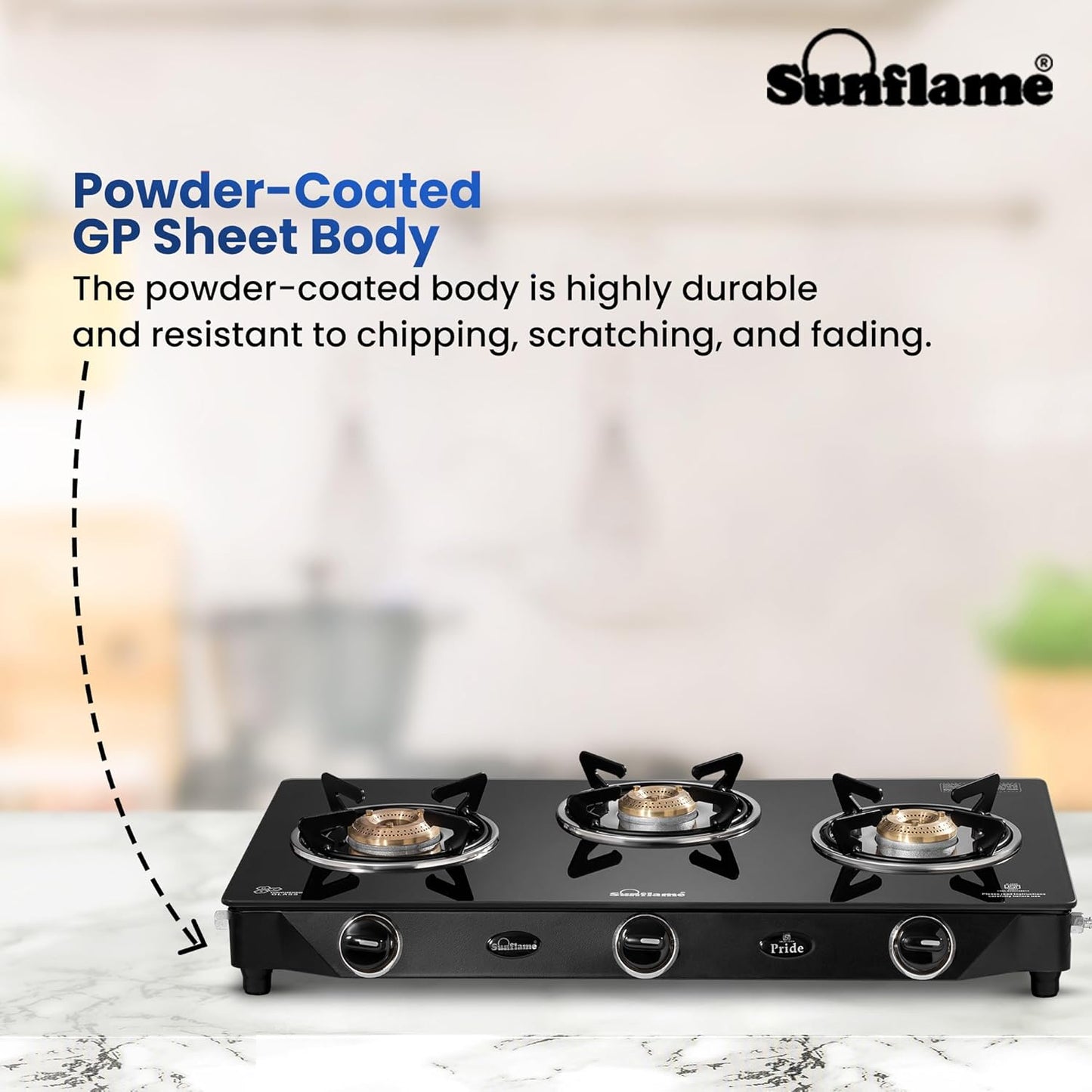 Pride 3 Burner Gas Stove | 1 Medium and 2 Small Brass Burners |Toughened Glass Top |Black