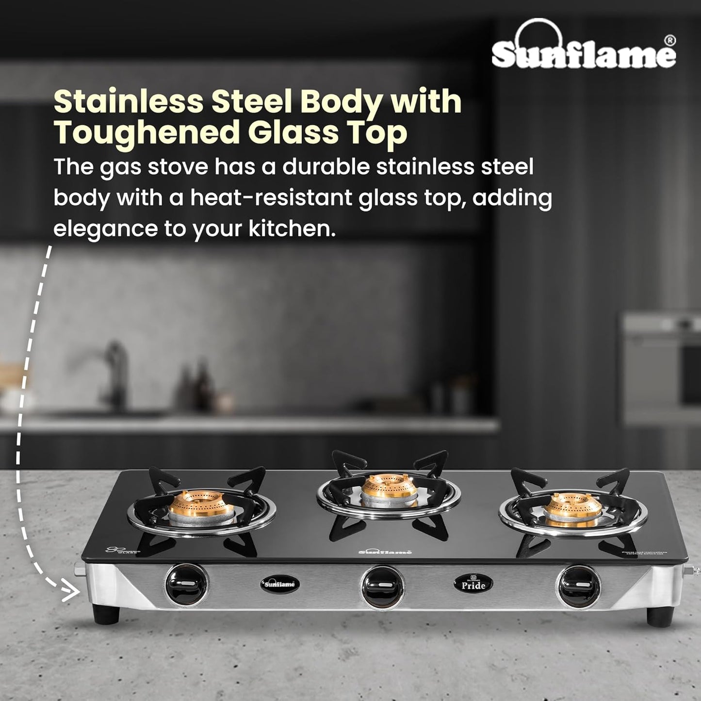 Pride 3 Burner Gas Stove | 1 Medium and 2 Small Brass Burners |Toughened Glass Top |Steel