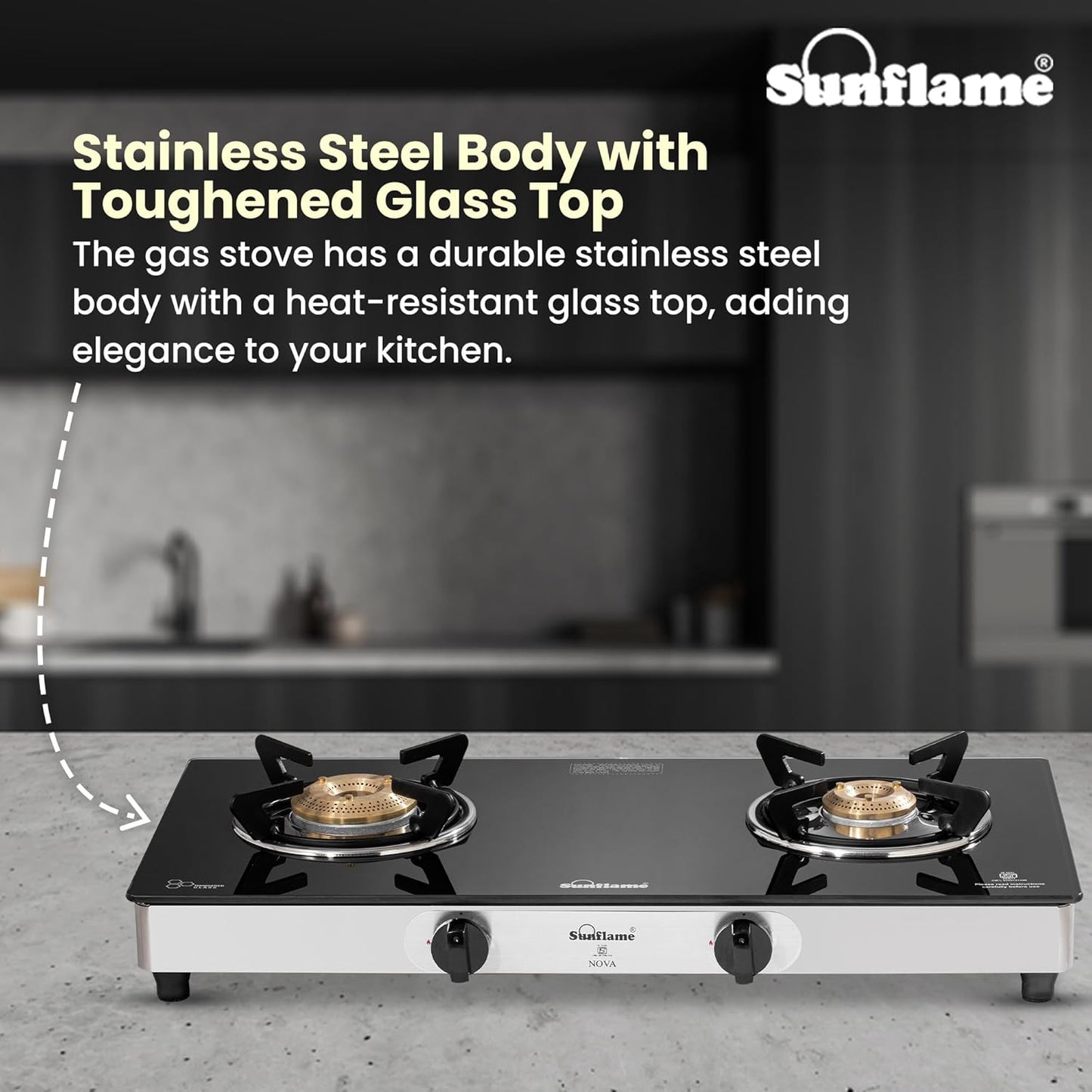 Crystal Nova 2 Burner Gas Stove | 1 Medium and 1 Small Brass Burners |Toughened Glass Top |Steel