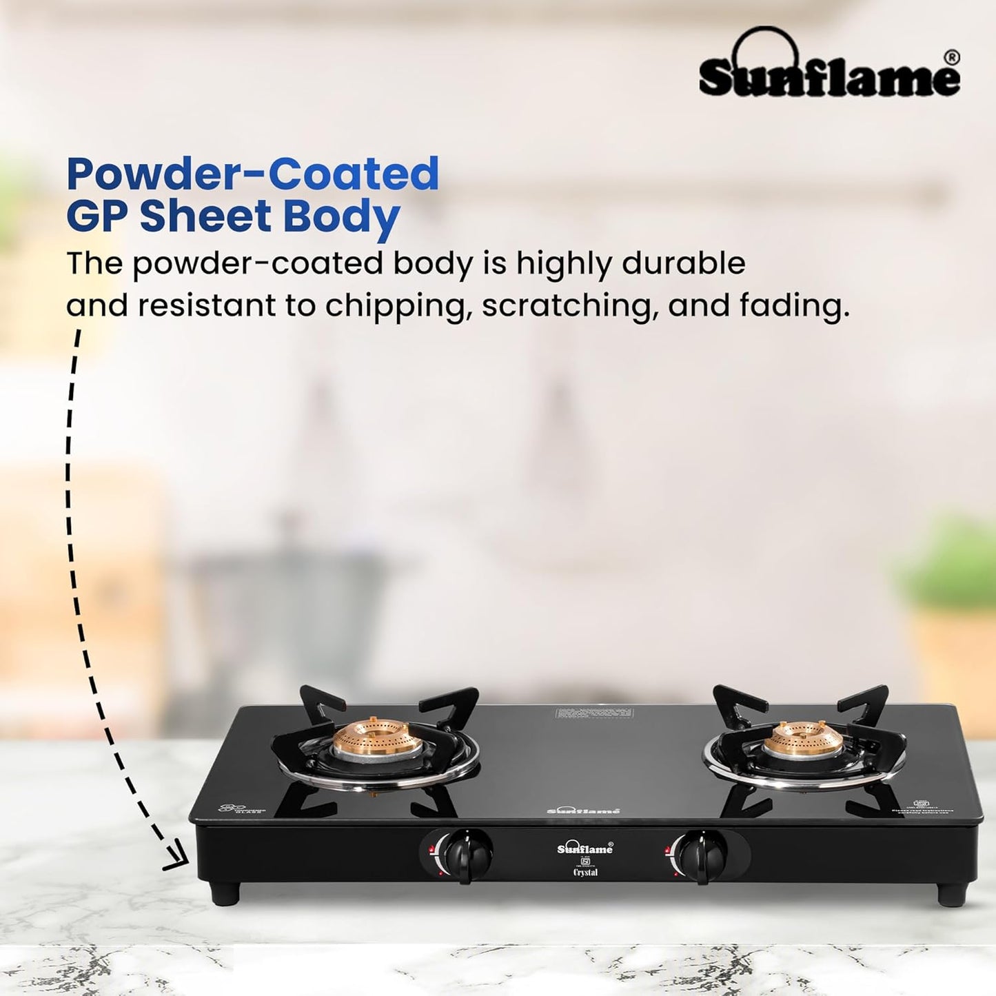 Crystal 2 Burner Gas Stove | 1 Medium and 1 Small Brass Burners |Toughened Glass Top | Black