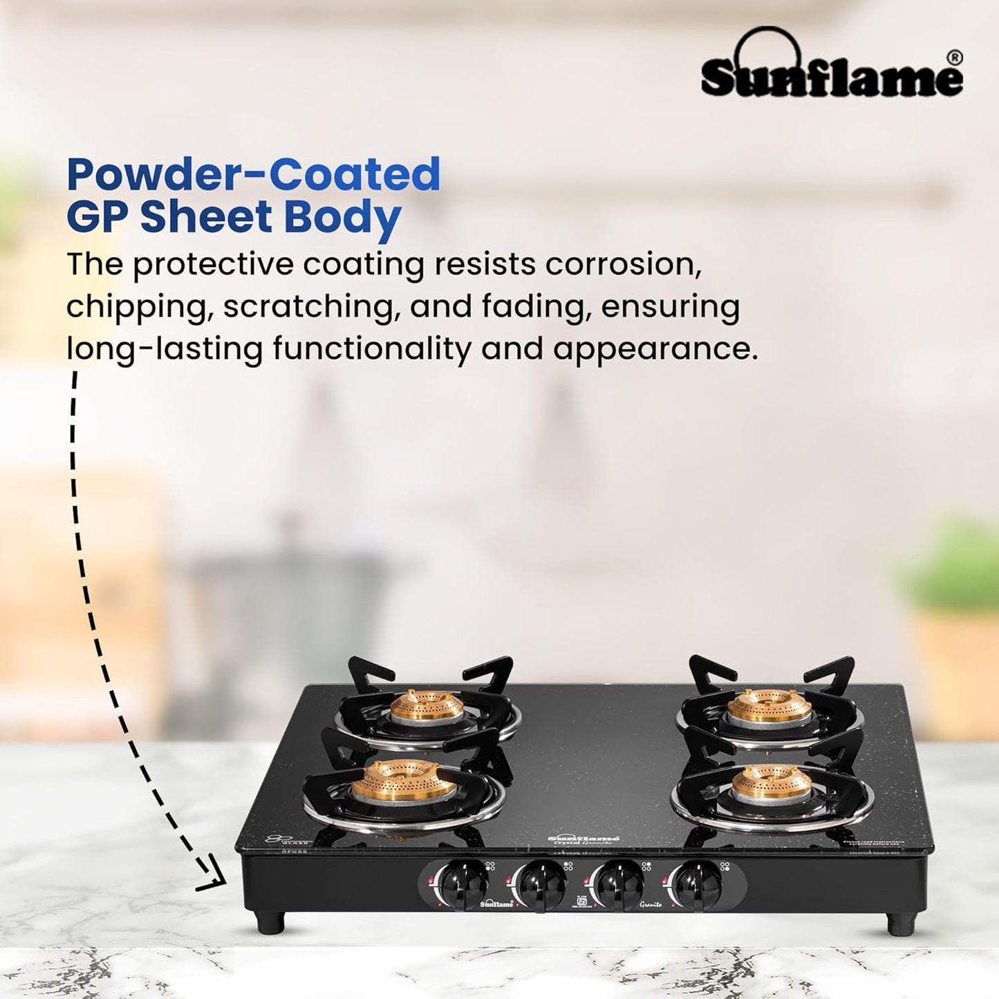 Sunflame Granito 4 Burner Gas Stove | 1 Jumbo, 1 Medium and 2 Small Brass Burners | 2 Years Product Coverage by Sunflame | Granite Finish Glass Top | Easy to Maintain | PAN India Presence| Black