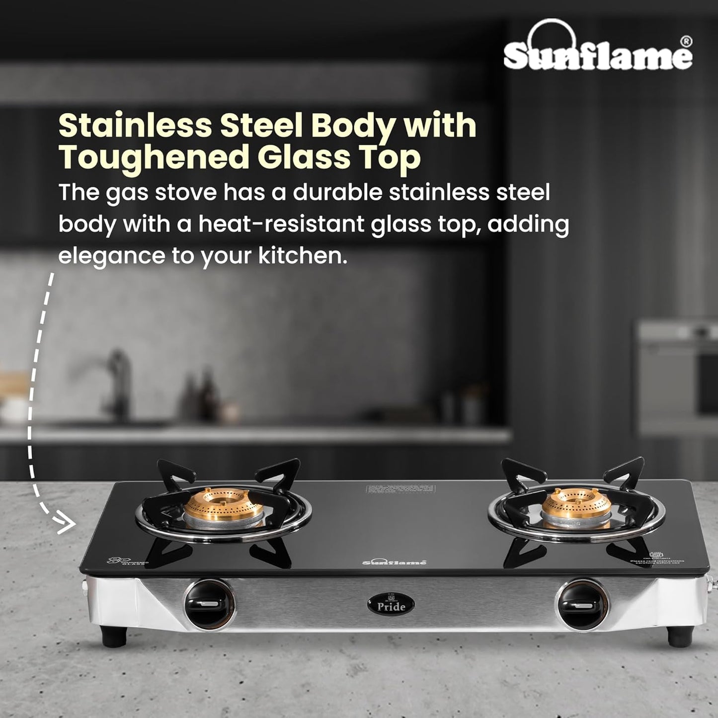 Pride 2 Burner Gas Stove | 1 Medium and 1 Small Brass Burners |Toughened Glass Top | Steel