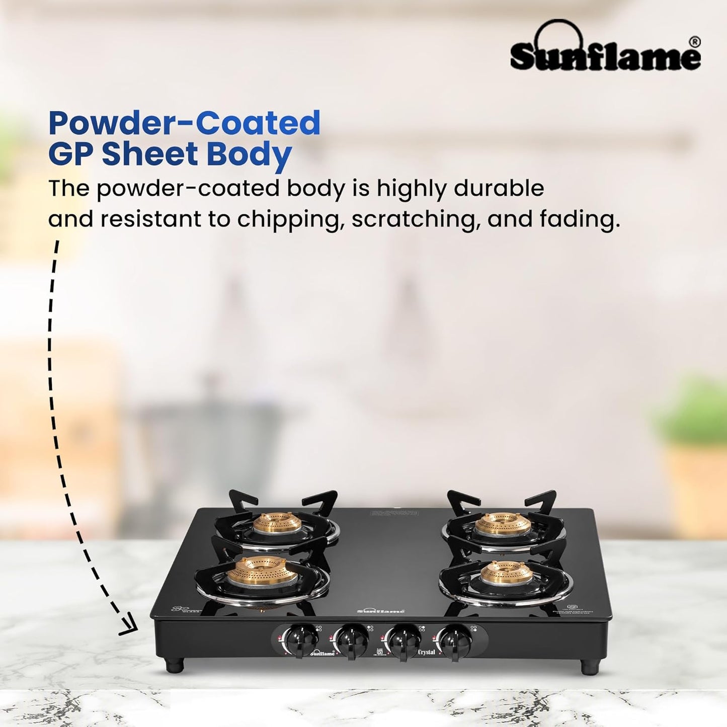 Crystal 4 Burner Gas Stove | 2 Medium and 2 Small Brass Burners |Toughened Glass Top | Black