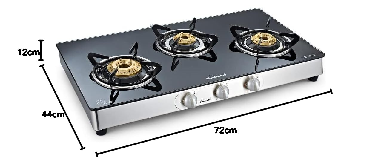 Crystal 3 Burner Gas Stove | 1 Medium and 2 Small Brass Burners |Toughened Glass Top |Steel