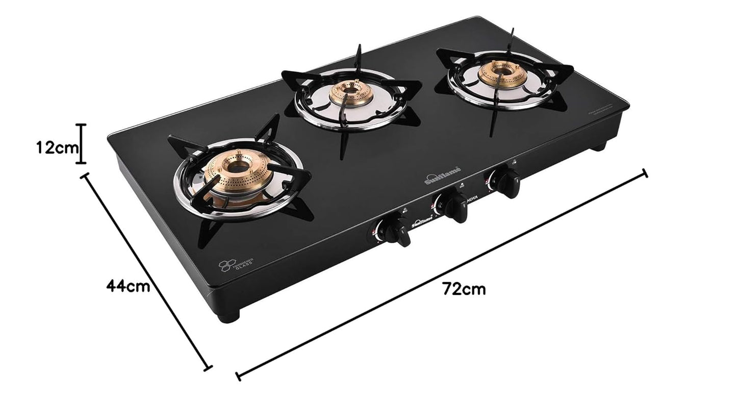 Crystal Nova 3 Burner Gas Stove | 1 Medium and 2 Small Brass Burners |Toughened Glass Top |Black