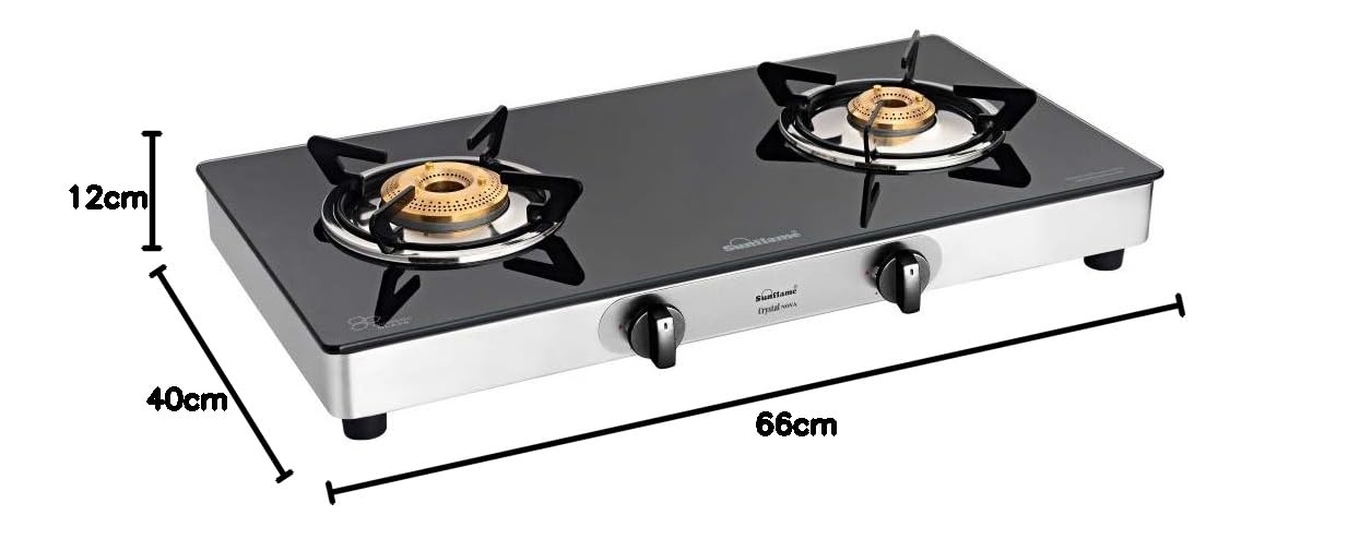 Crystal Nova 2 Burner Gas Stove | 1 Medium and 1 Small Brass Burners |Toughened Glass Top |Steel