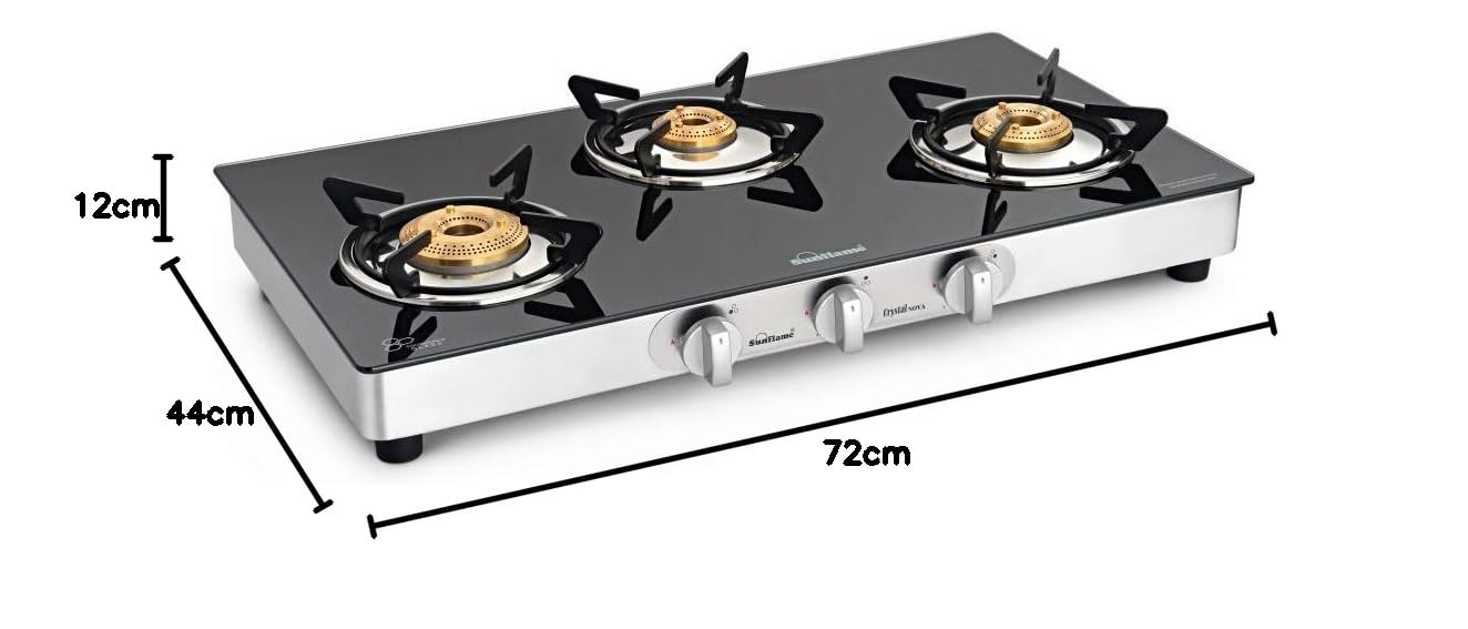 Crystal Nova 3 Burner Gas Stove | 1 Medium and 2 Small Brass Burners |Toughened Glass Top |Steel