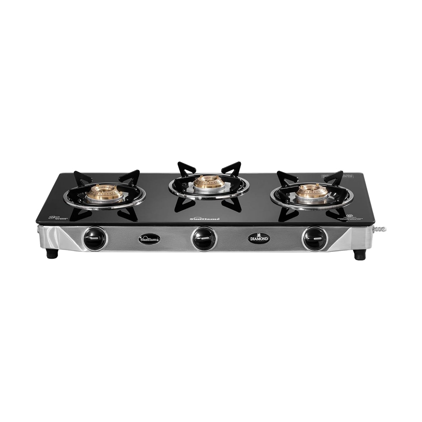 Diamond 3 Burner Gas Stove | 1 Medium and 2 Small Brass Burners |Toughened Glass Top |Steel