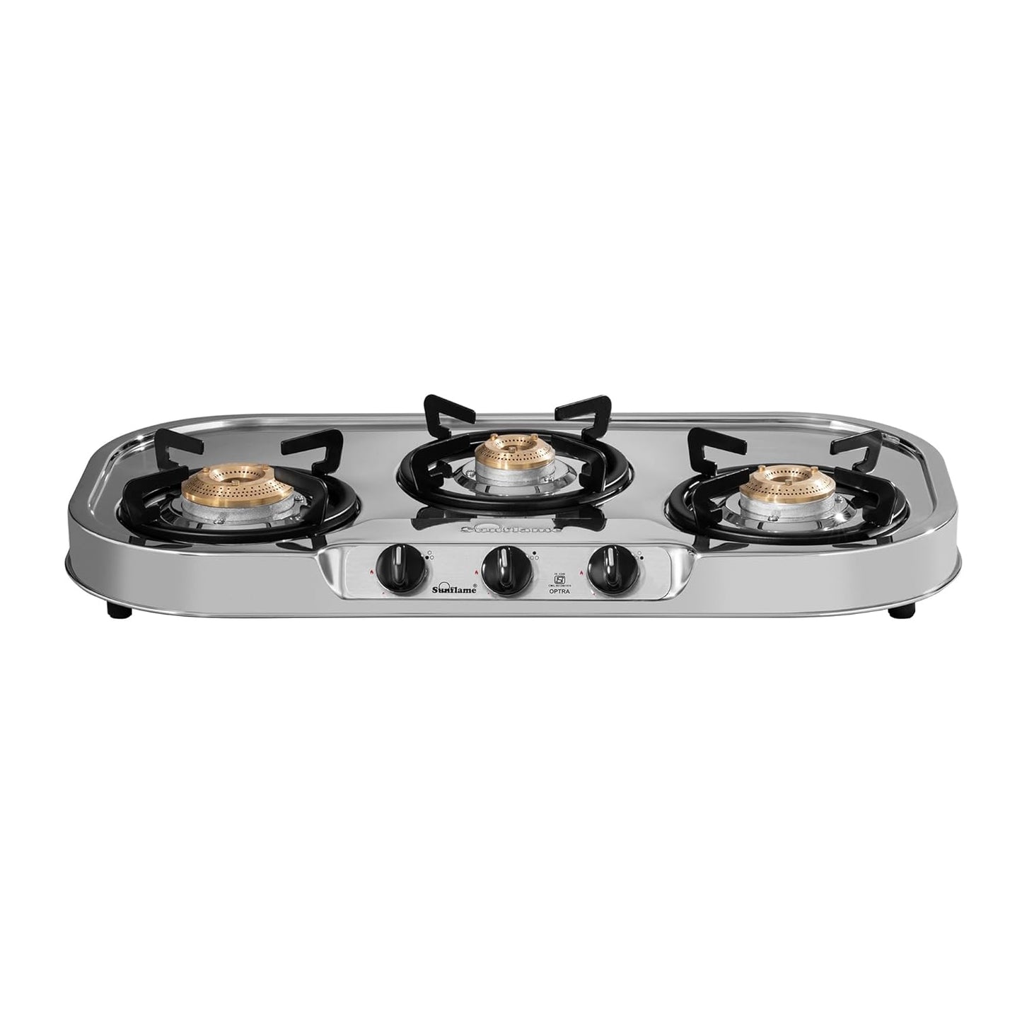 Optra 3 Burner Gas Stove | 1 Medium and 2 Small Brass Burners |Toughened Glass Top |Steel