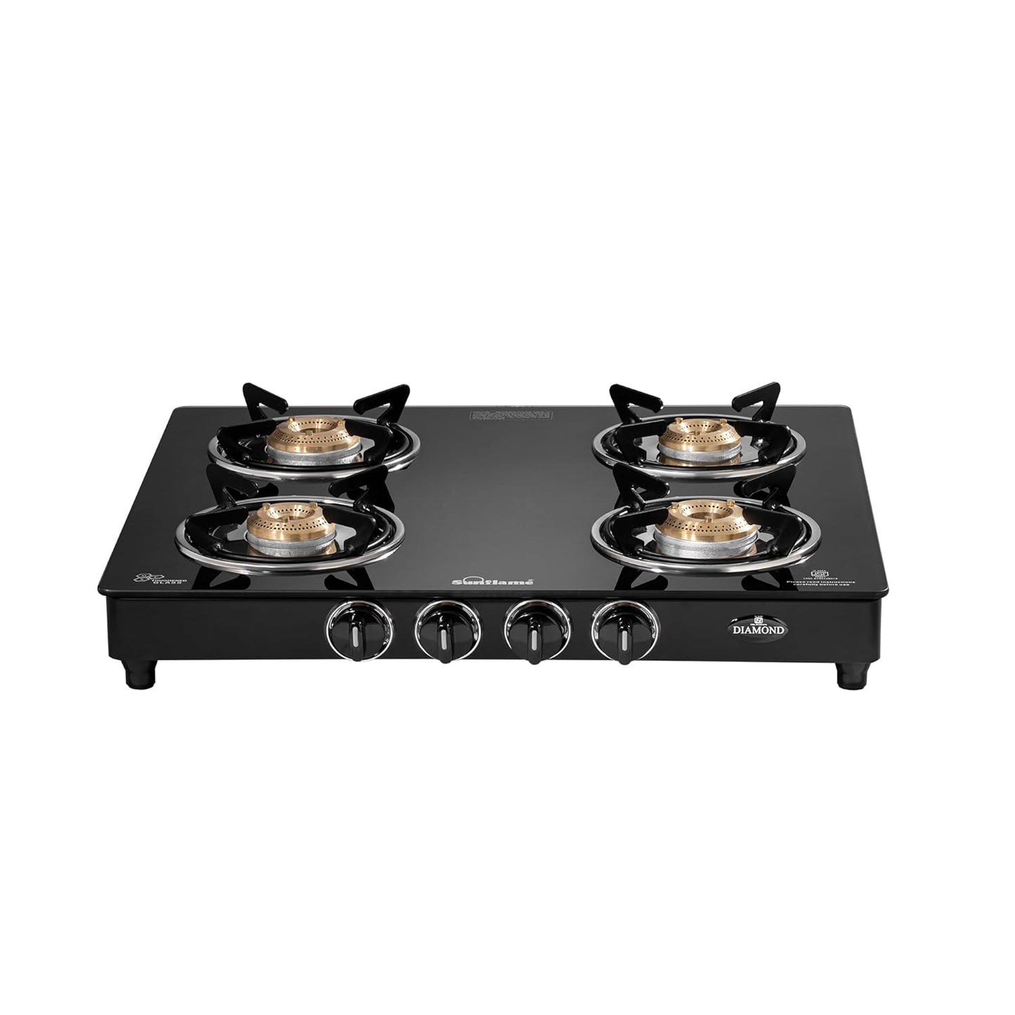 Diamond 4 Burner Gas Stove | 2 Medium and 2 Small Brass Burners |Toughened Glass Top | Black