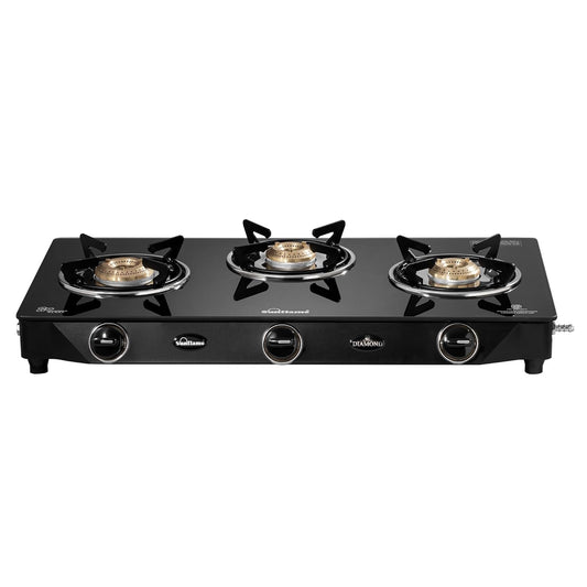 Diamond 3 Burner Gas Stove | 1 Medium and 2 Small Brass Burners |Toughened Glass Top |Black