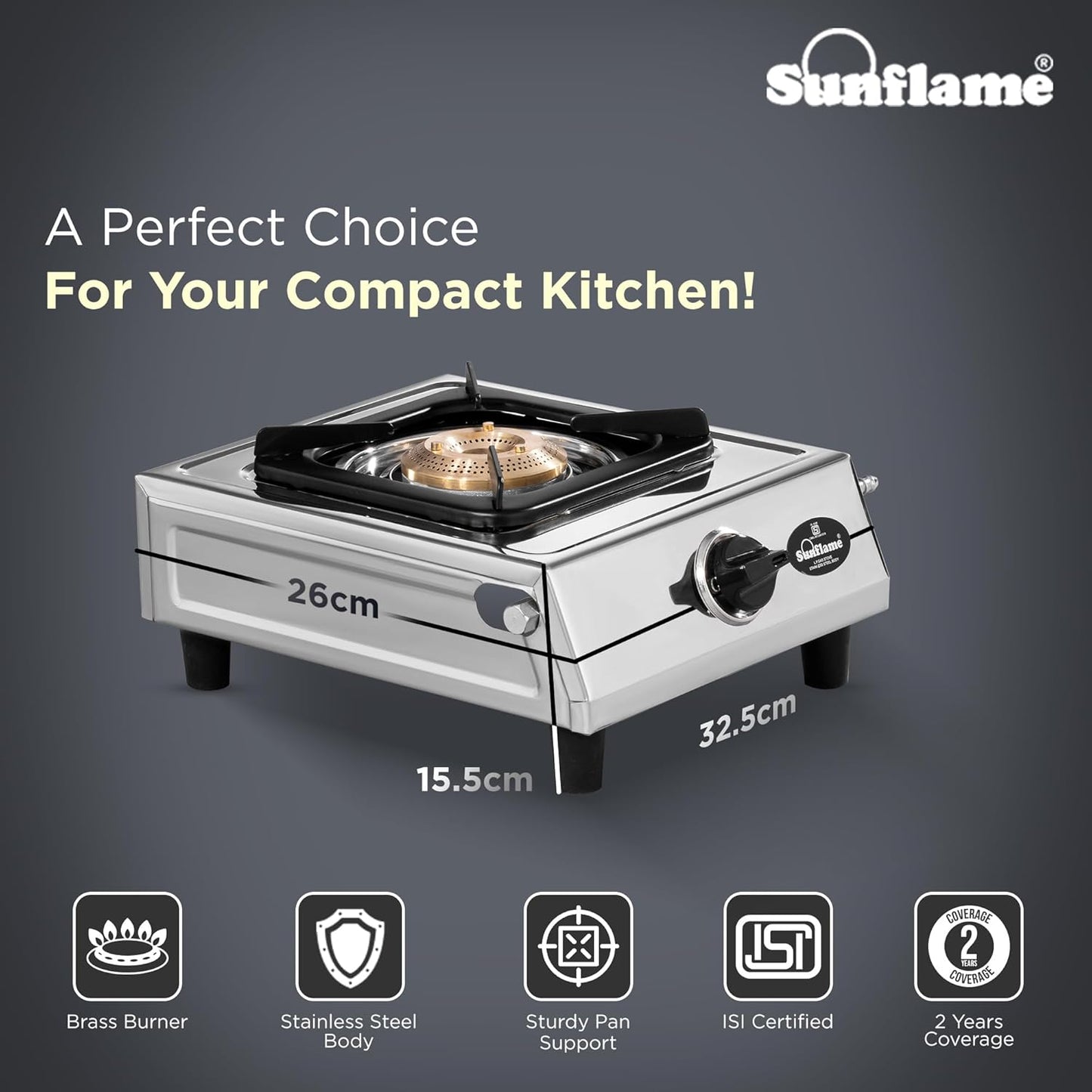 One Burner Glass Top Gas Stove | Jumbo Burner | Heavy Duty Pan Support| Silver