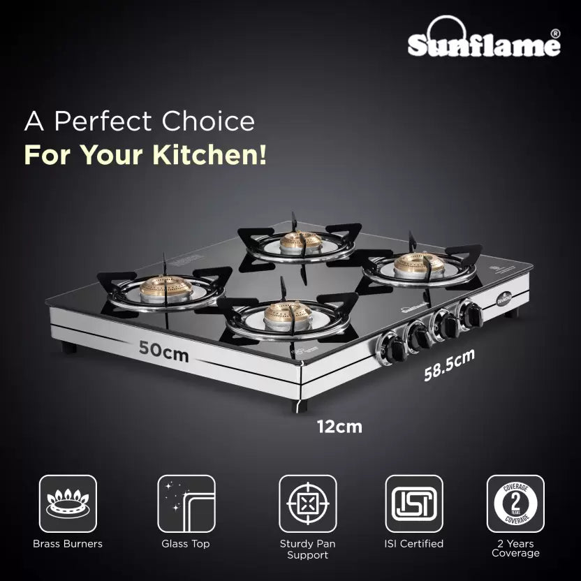 Diamond 4 Burner Gas Stove | 2 Medium and 2 Small Brass Burners |Toughened Glass Top | Steel