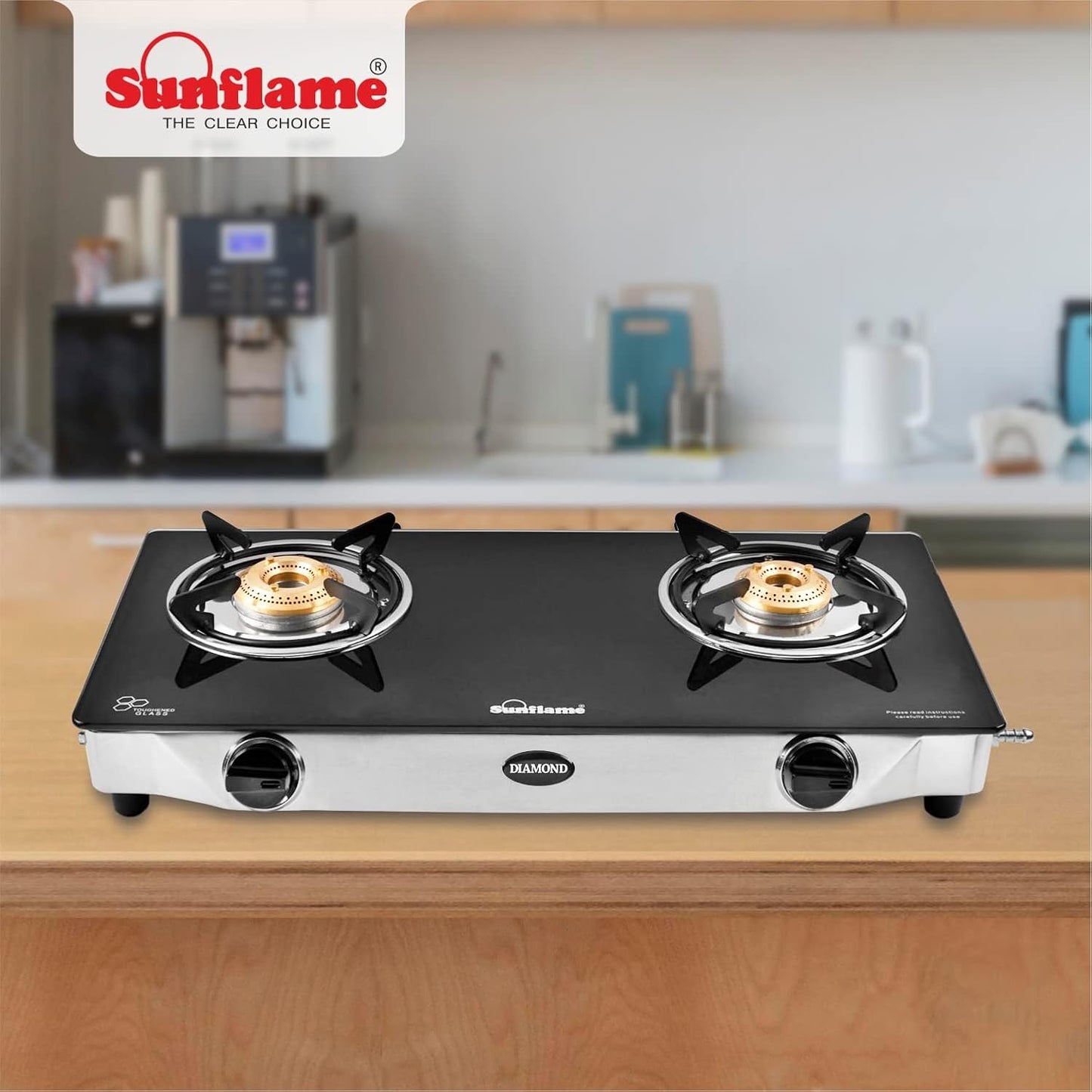 Diamond 2 Burner Gas Stove | 1 Medium and 1 Small Brass Burners |Toughened Glass Top | Steel