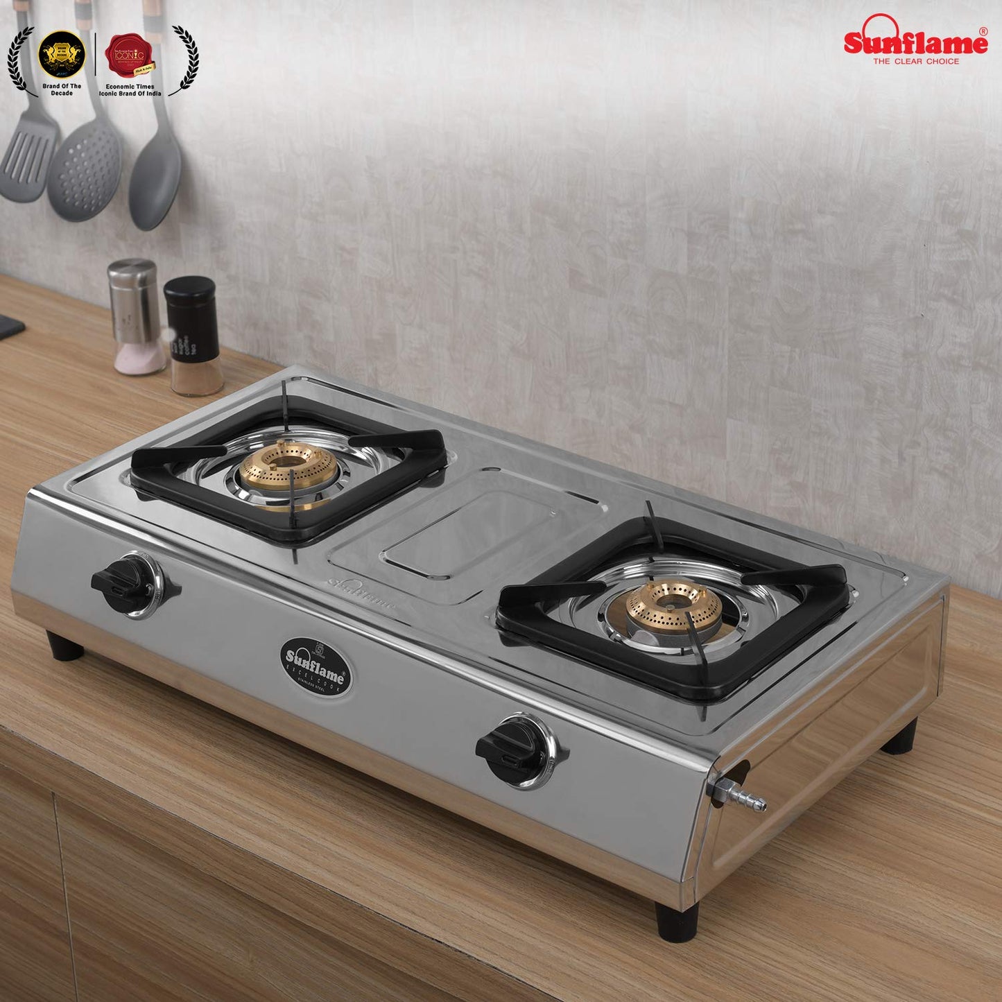 Excel 2 Burner Gas Stove | 1 Medium and 1 Small Brass Burners | Stainless Steel