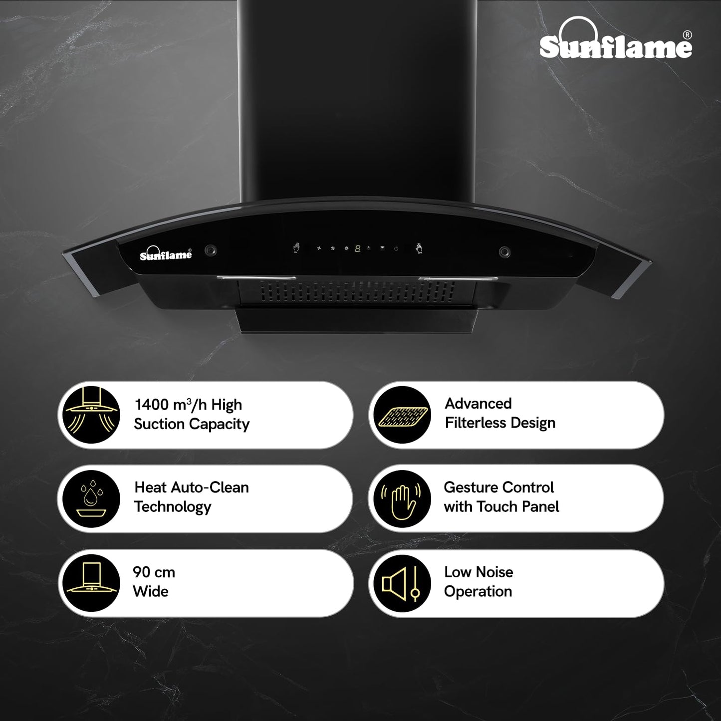 Lamia 90 FL HAC TC Filterless Auto-Clean Chimney | 90 cm | 1400 m³/h High Suction Capacity | Gesture Control with Touch Panel