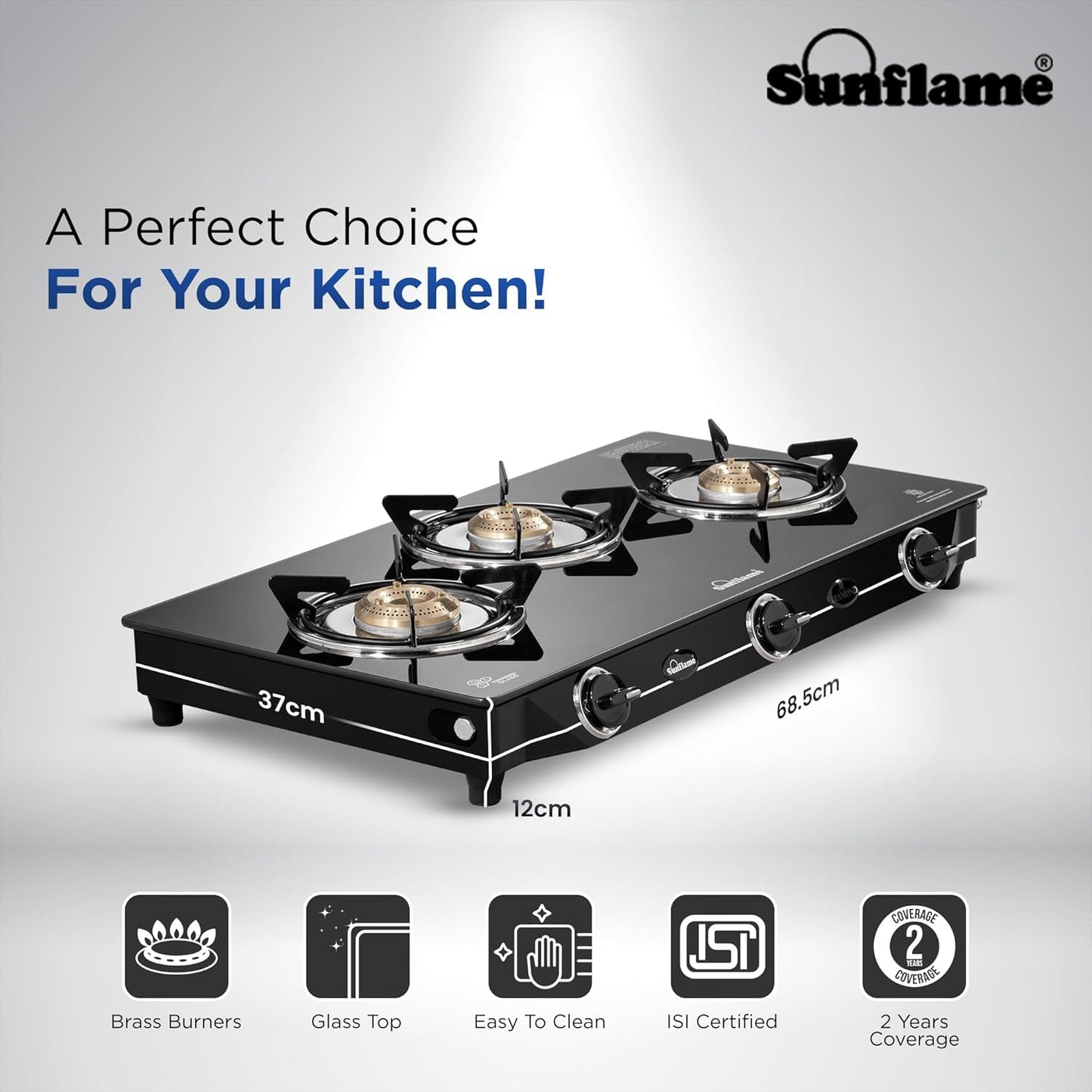 Diamond 3 Burner Gas Stove | 1 Medium and 2 Small Brass Burners |Toughened Glass Top |Black