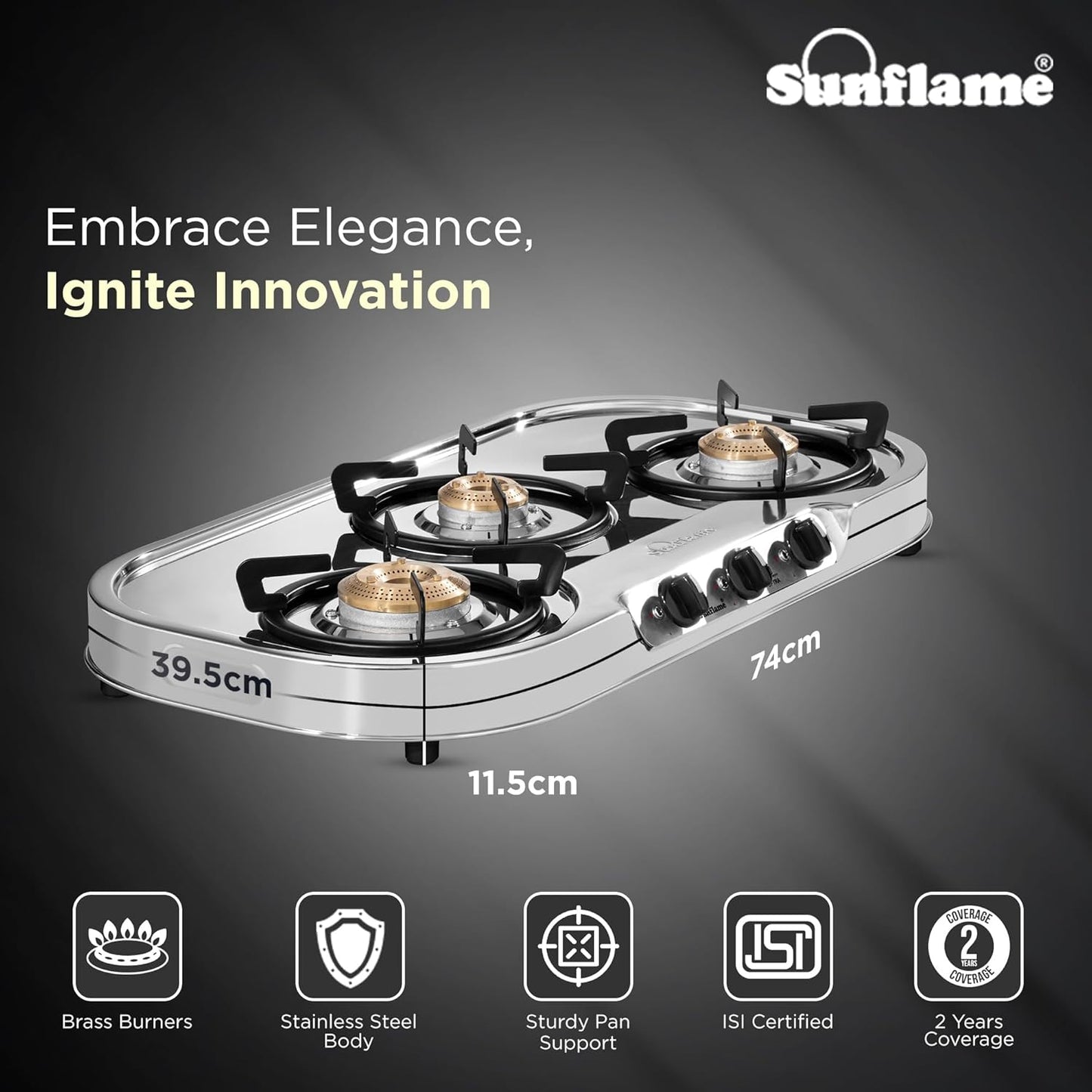 Optra 3 Burner Gas Stove | 1 Medium and 2 Small Brass Burners |Toughened Glass Top |Steel