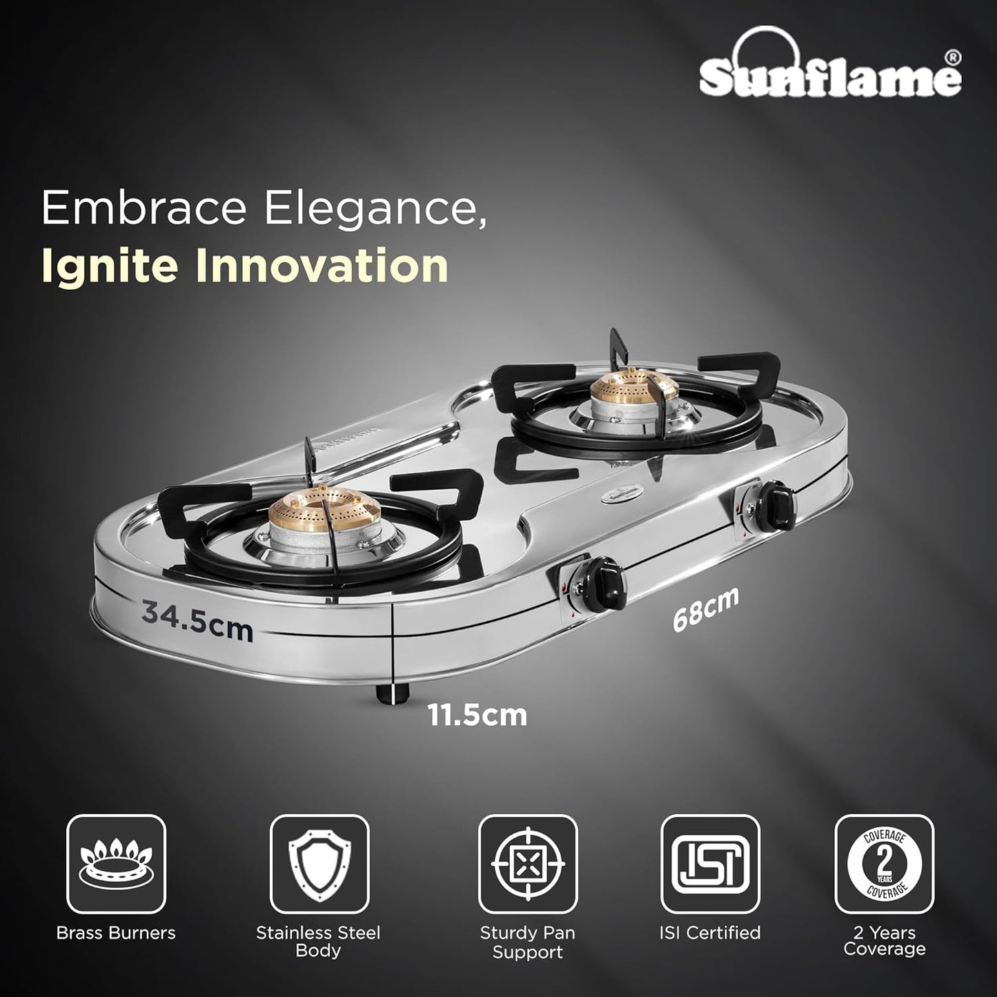Optra 2 Burner Gas Stove | 1 Medium and 1 Small Brass Burners |Toughened Glass Top | Steel